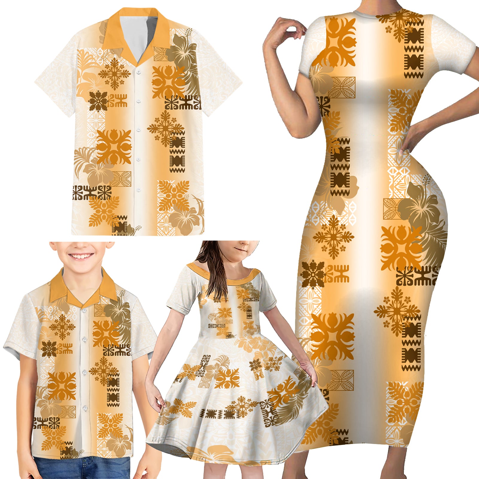 Hawaiian Quilt Family Matching Short Sleeve Bodycon Dress and Hawaiian Shirt Vintage Pattern Brown LT05 - Polynesian Pride