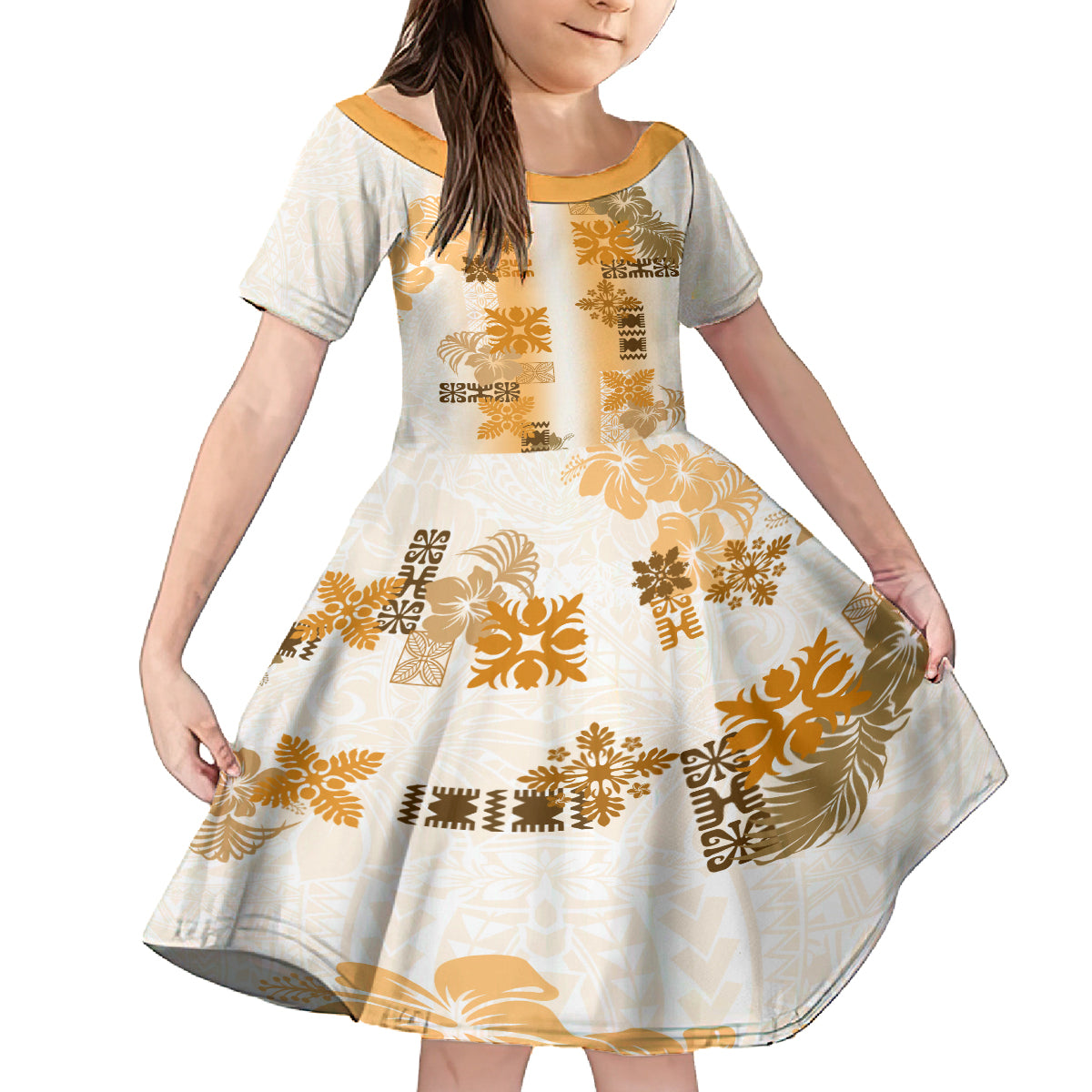 Hawaiian Quilt Kid Short Sleeve Dress Vintage Pattern Brown LT05 KID Brown - Polynesian Pride