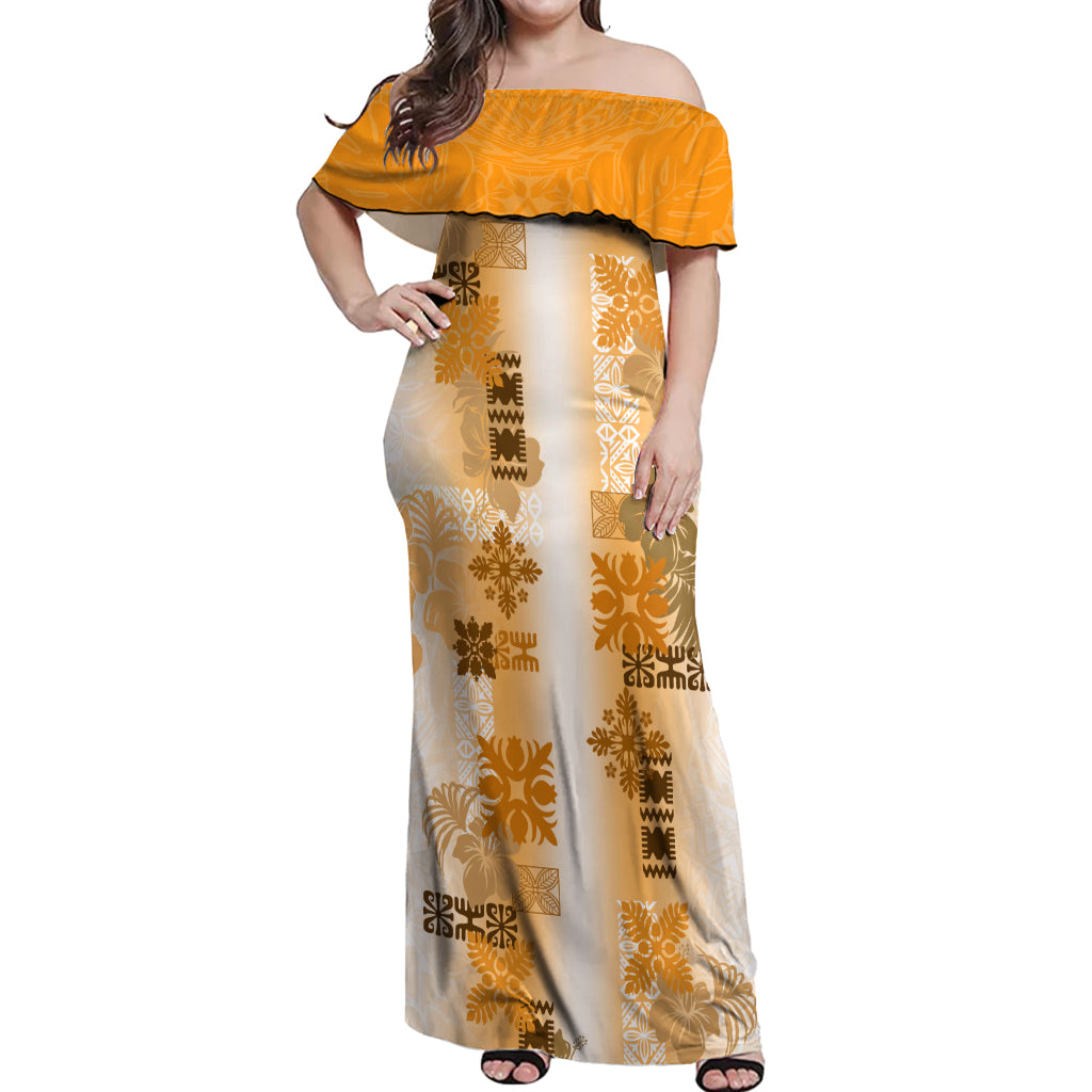 Hawaiian Quilt Off Shoulder Maxi Dress Vintage Pattern Brown LT05 Women Brown - Polynesian Pride