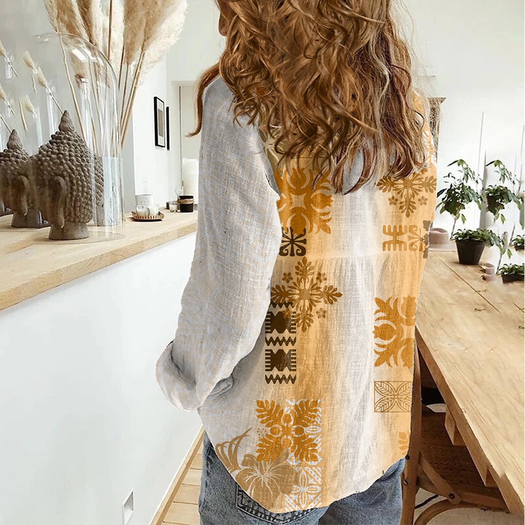 Hawaiian Quilt Women Casual Shirt Vintage Pattern Brown LT05 - Polynesian Pride