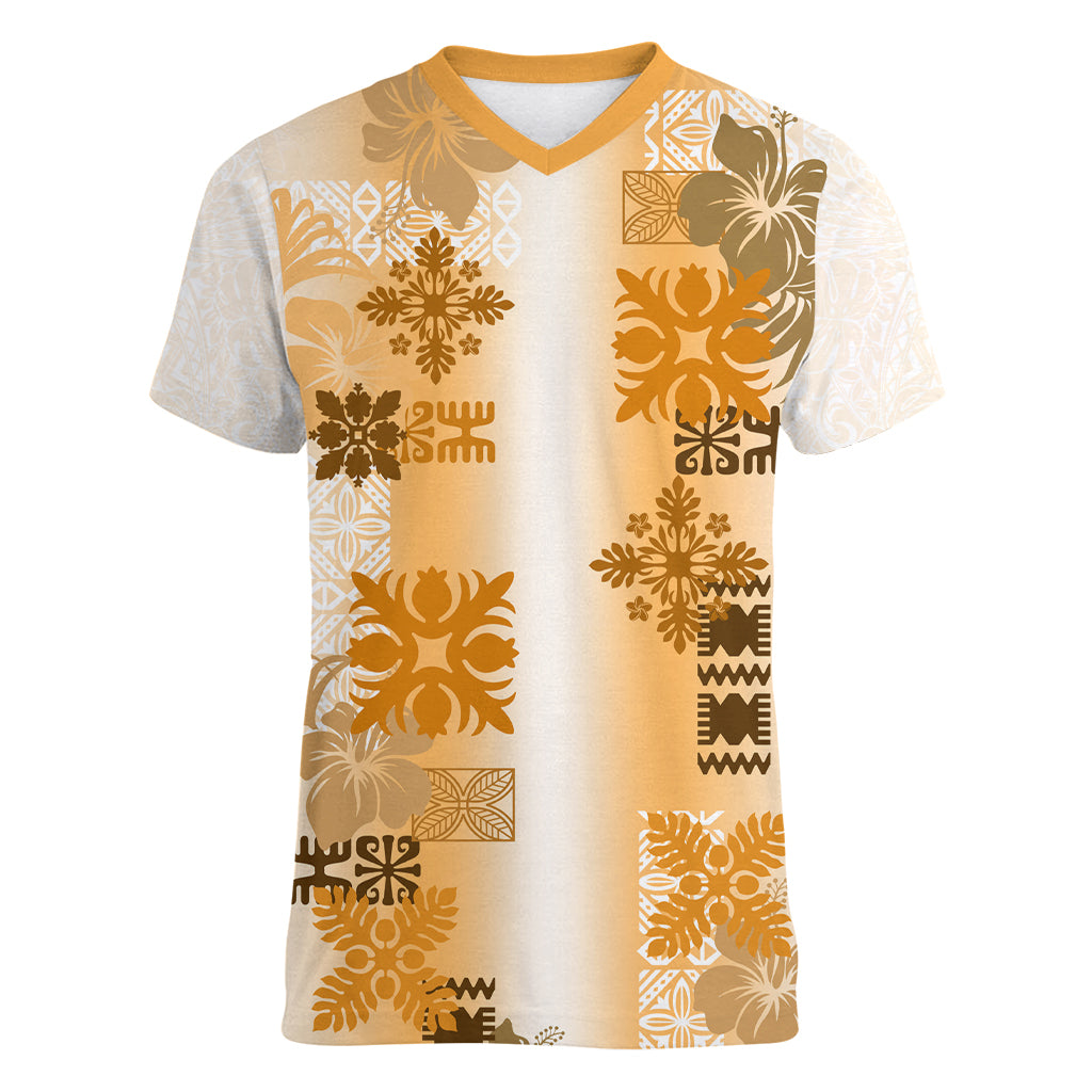 Hawaiian Quilt Women V Neck T Shirt Vintage Pattern Brown LT05 Female Brown - Polynesian Pride