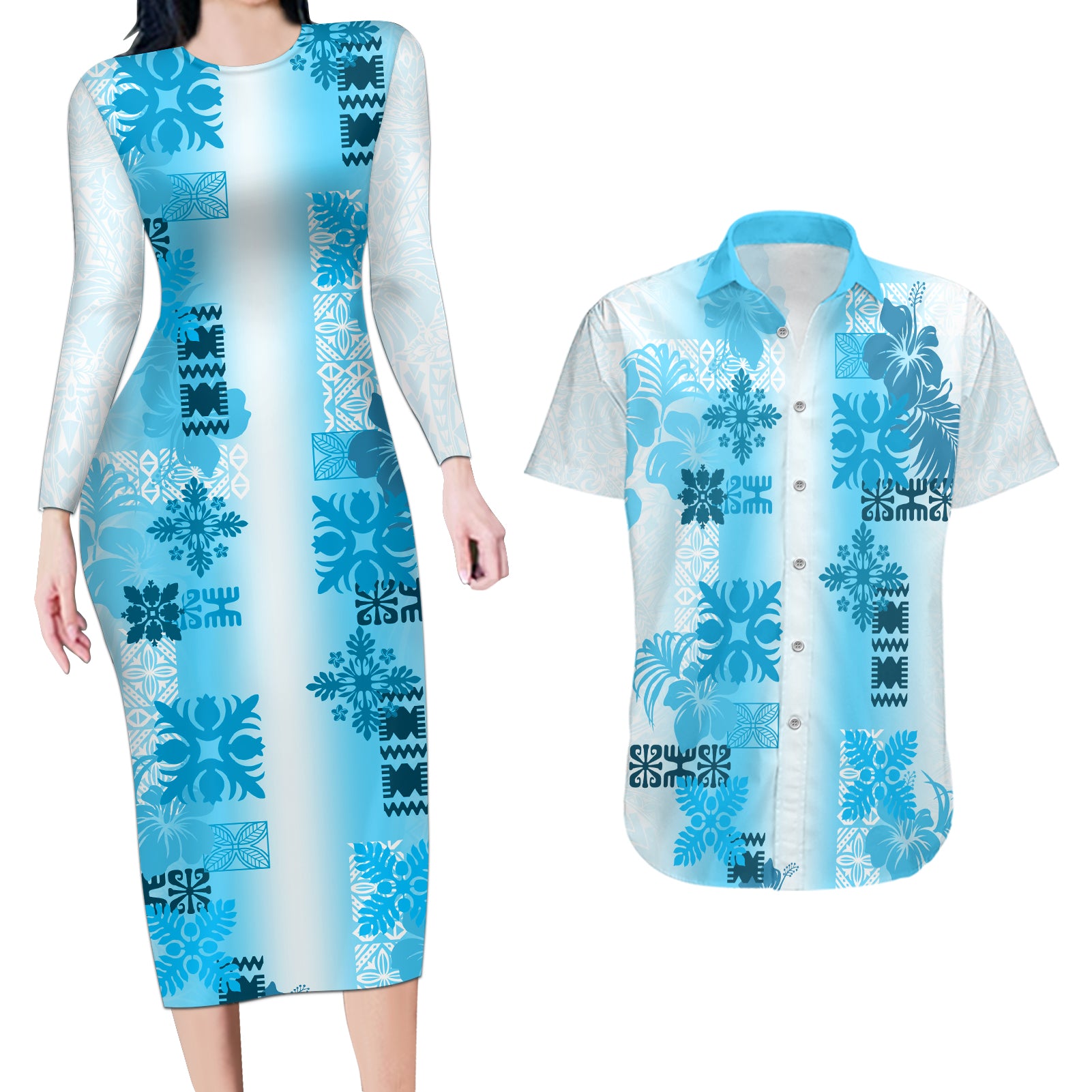 Hawaiian Quilt Couples Matching Long Sleeve Bodycon Dress and Hawaiian Shirt Vintage Pattern Blue LT05 Blue - Polynesian Pride