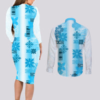 Hawaiian Quilt Couples Matching Long Sleeve Bodycon Dress and Long Sleeve Button Shirt Vintage Pattern Blue LT05 - Polynesian Pride