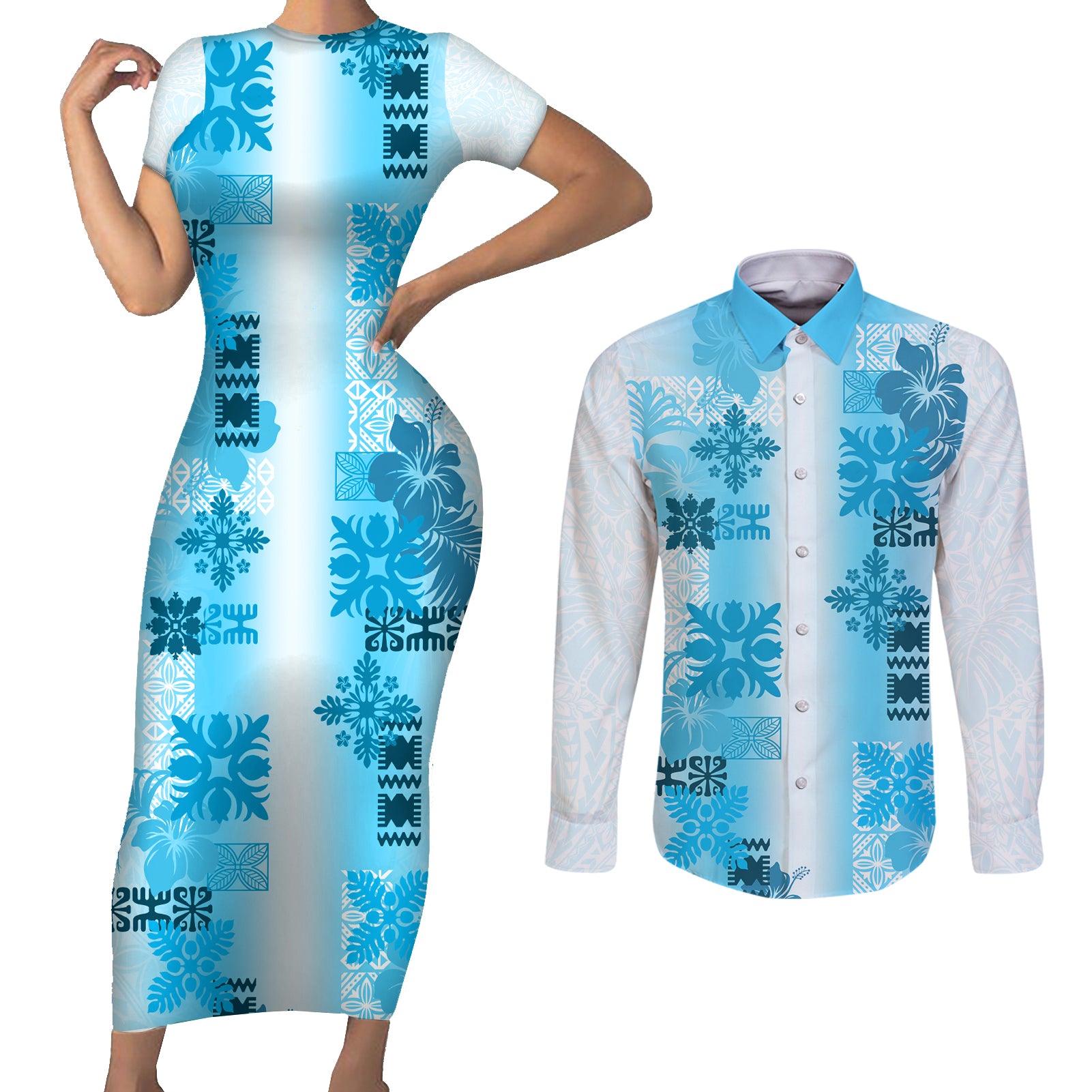 Hawaiian Quilt Couples Matching Short Sleeve Bodycon Dress and Long Sleeve Button Shirt Vintage Pattern Blue LT05 Blue - Polynesian Pride