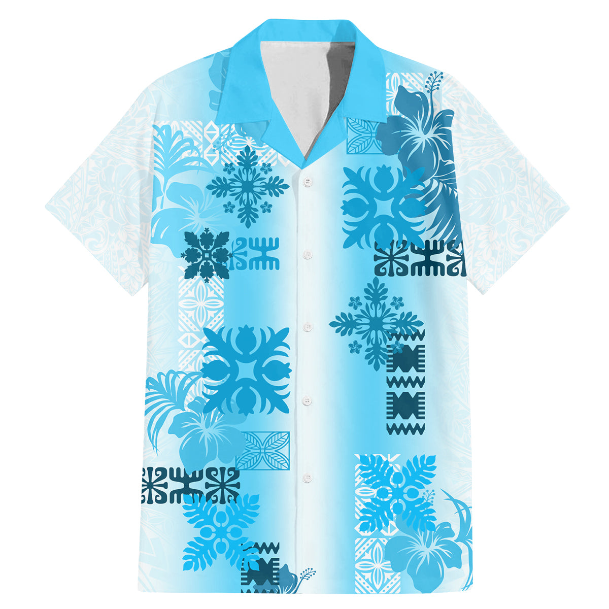 Hawaiian Quilt Family Matching Mermaid Dress and Hawaiian Shirt Vintage Pattern Blue LT05 Dad's Shirt - Short Sleeve Blue - Polynesian Pride