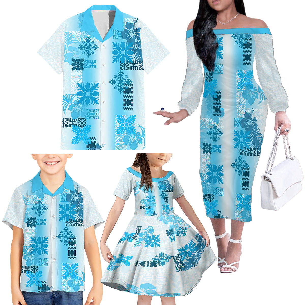 Hawaiian Quilt Family Matching Off Shoulder Long Sleeve Dress and Hawaiian Shirt Vintage Pattern Blue LT05 - Polynesian Pride