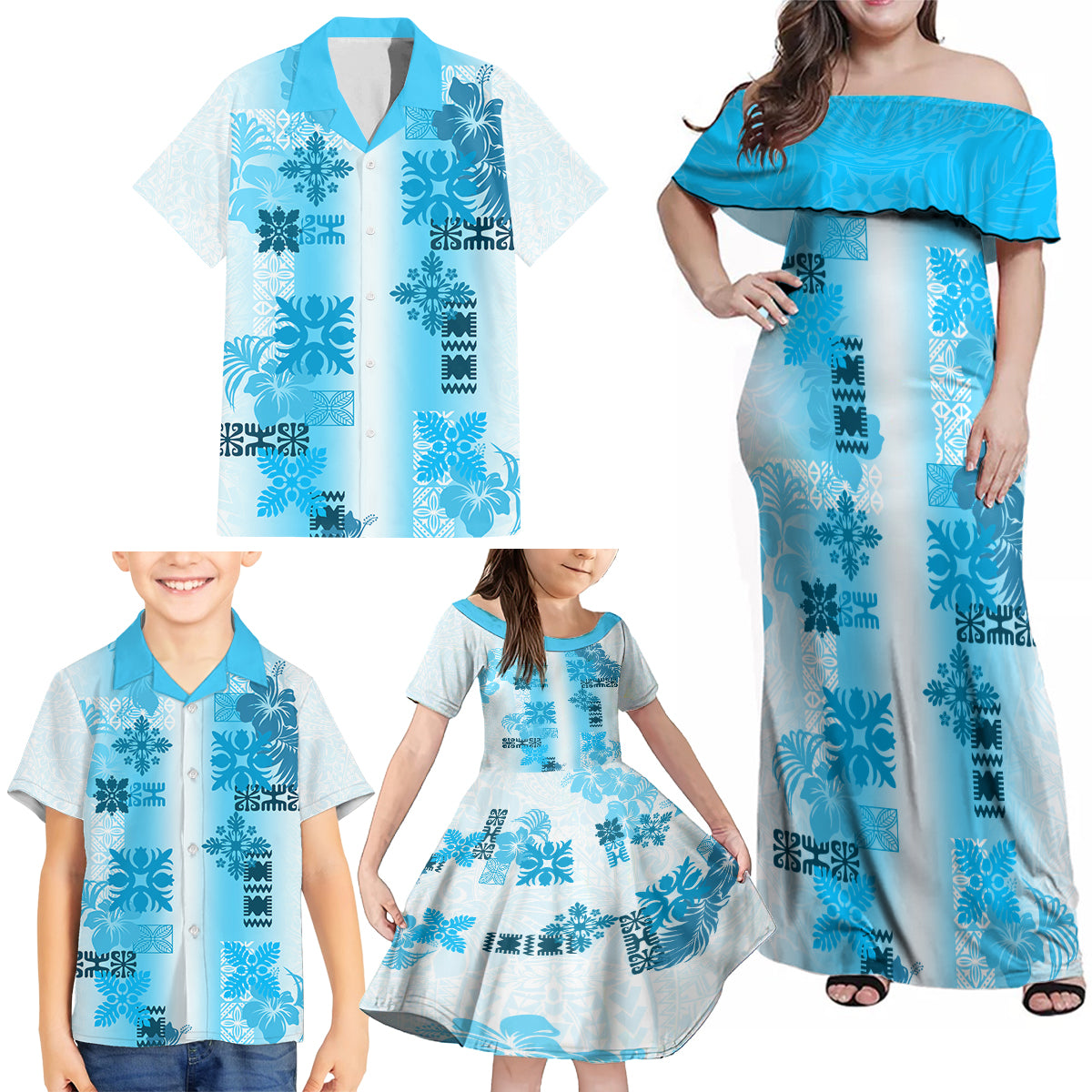 Hawaiian Quilt Family Matching Off Shoulder Maxi Dress and Hawaiian Shirt Vintage Pattern Blue LT05 - Polynesian Pride