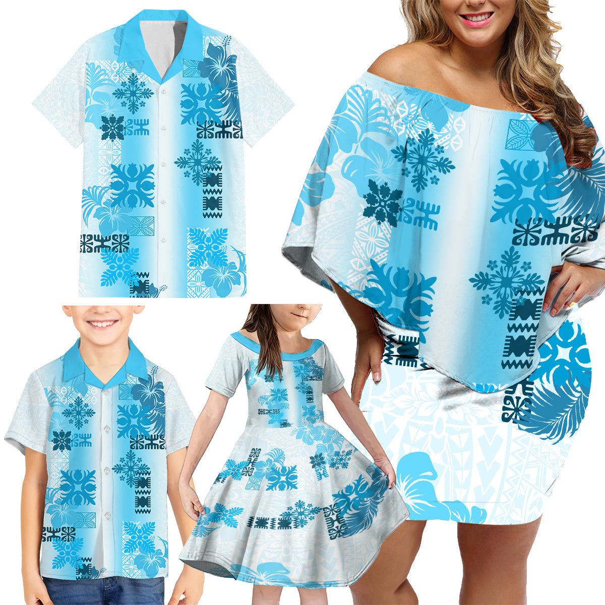 Hawaiian Quilt Family Matching Off Shoulder Short Dress and Hawaiian Shirt Vintage Pattern Blue LT05 - Polynesian Pride