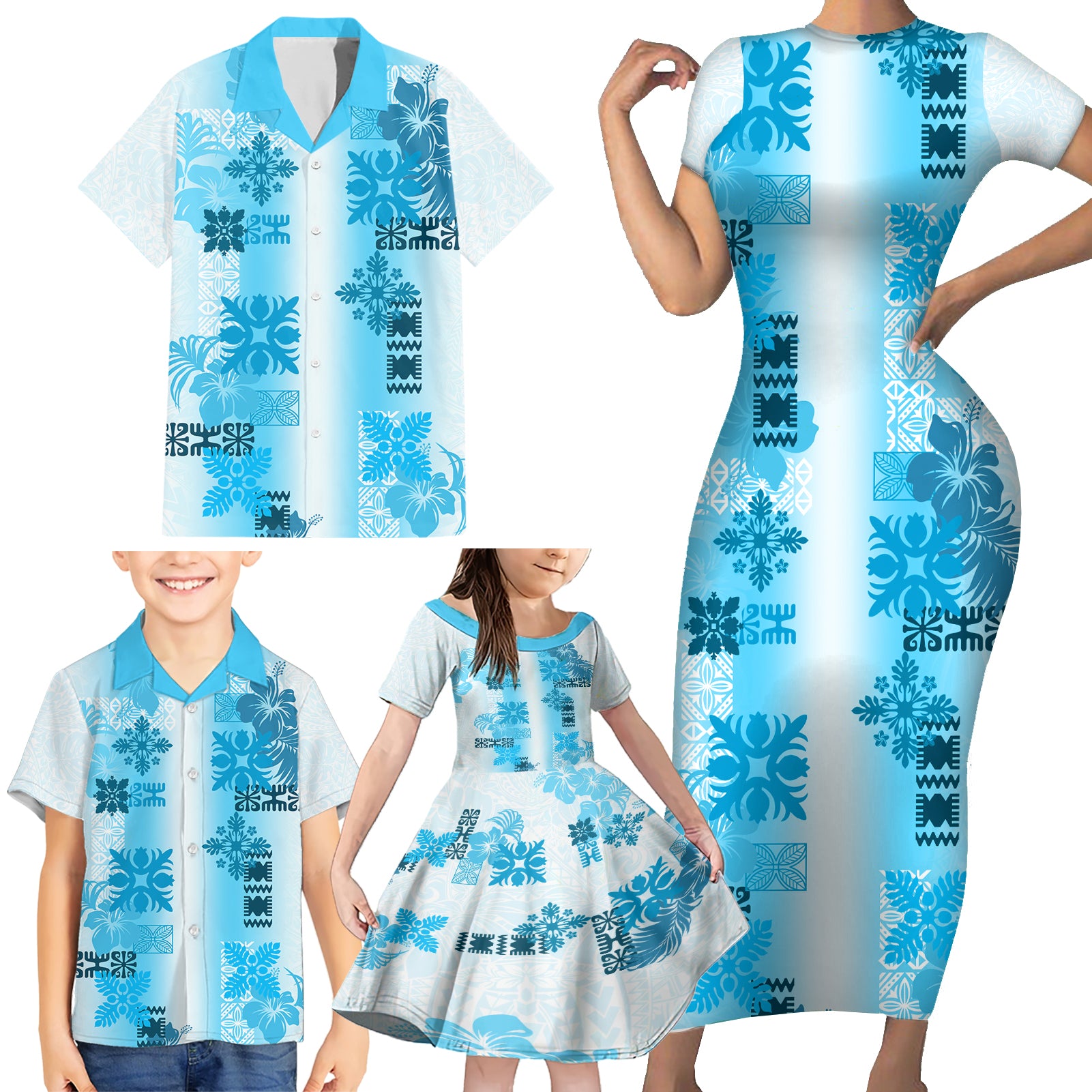 Hawaiian Quilt Family Matching Short Sleeve Bodycon Dress and Hawaiian Shirt Vintage Pattern Blue LT05 - Polynesian Pride