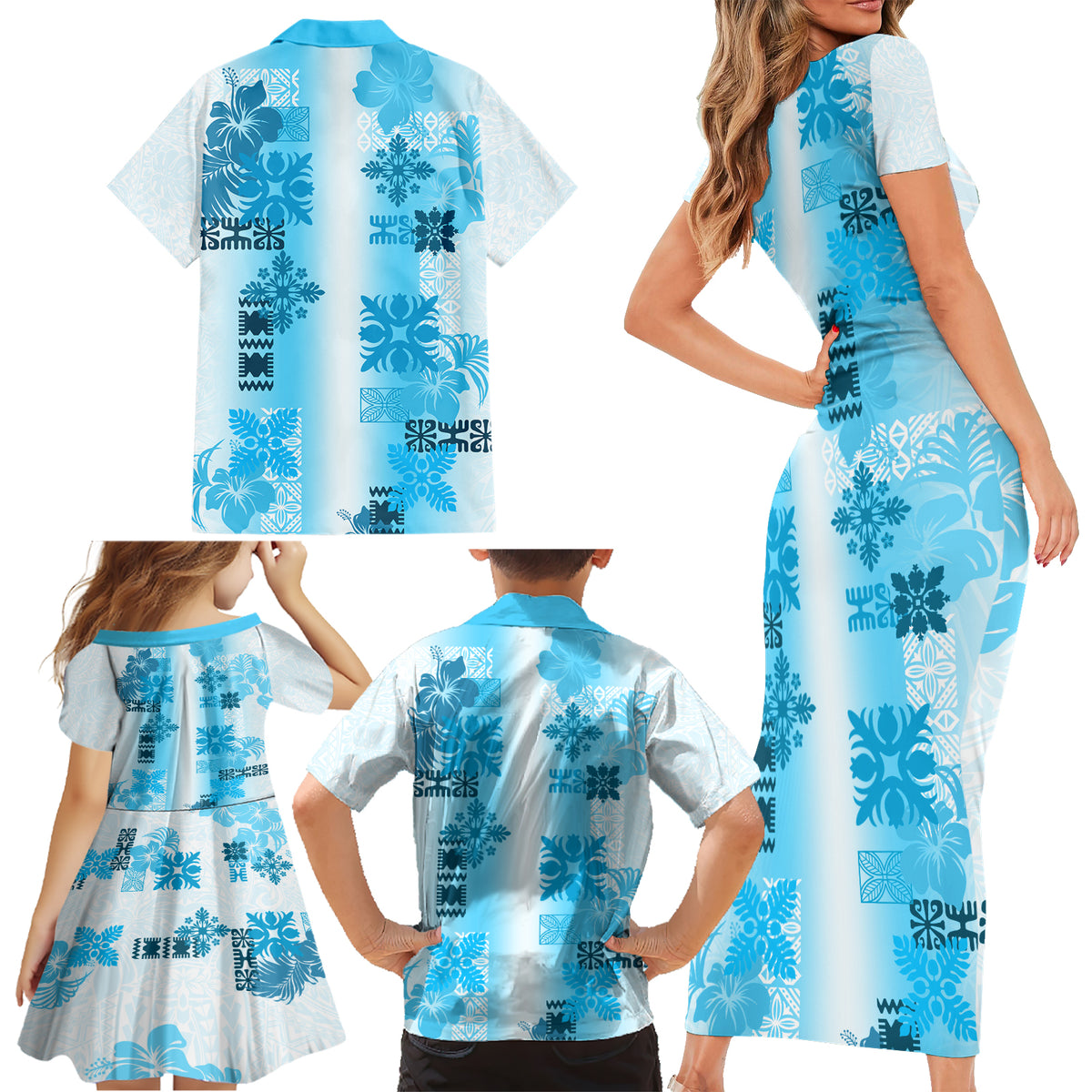 Hawaiian Quilt Family Matching Short Sleeve Bodycon Dress and Hawaiian Shirt Vintage Pattern Blue LT05 - Polynesian Pride