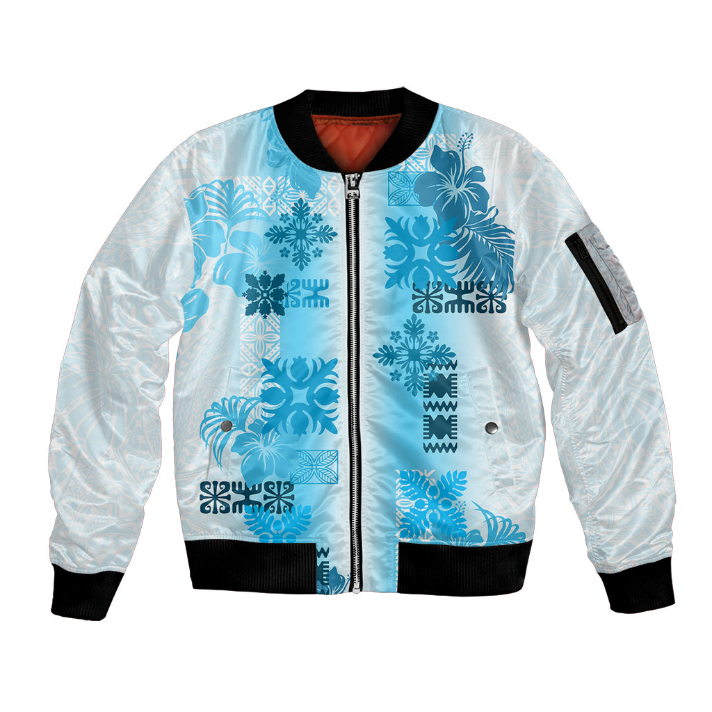 Hawaiian Quilt Sleeve Zip Bomber Jacket Vintage Pattern Blue LT05 Unisex Blue - Polynesian Pride