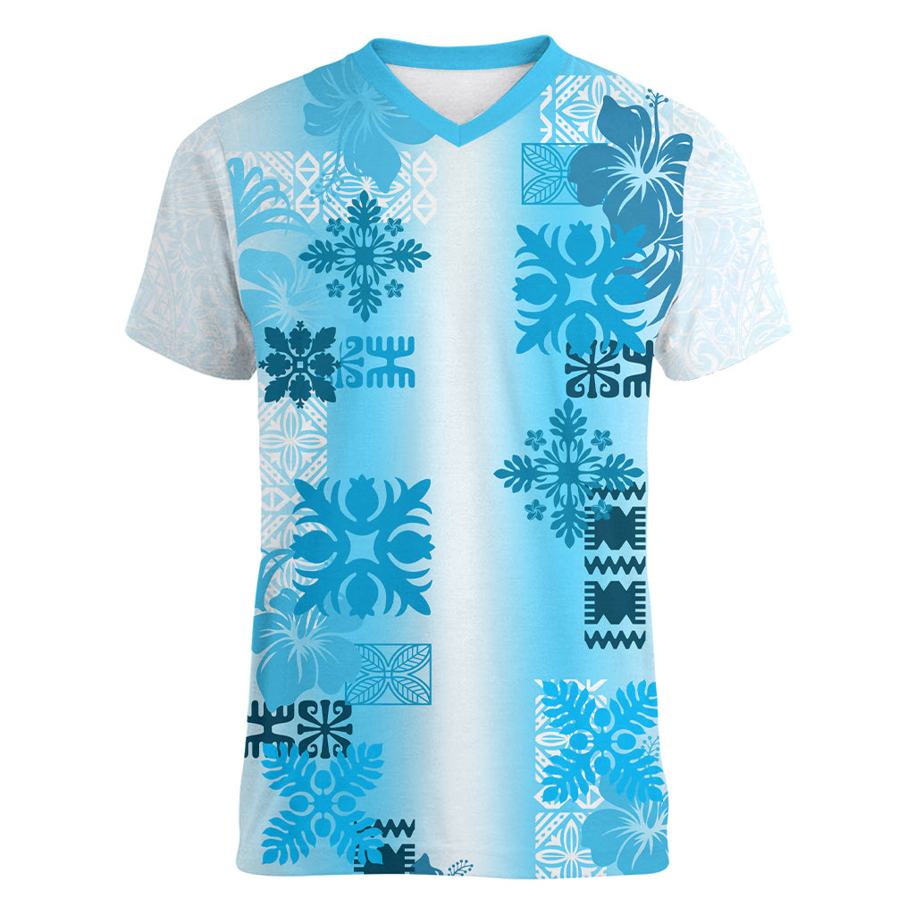 Hawaiian Quilt Women V Neck T Shirt Vintage Pattern Blue LT05 Female Blue - Polynesian Pride