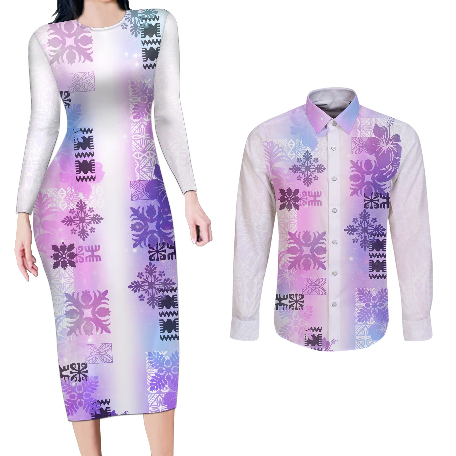 Hawaiian Quilt Couples Matching Long Sleeve Bodycon Dress and Long Sleeve Button Shirt Vintage Pattern Galaxy LT05 Galaxy - Polynesian Pride