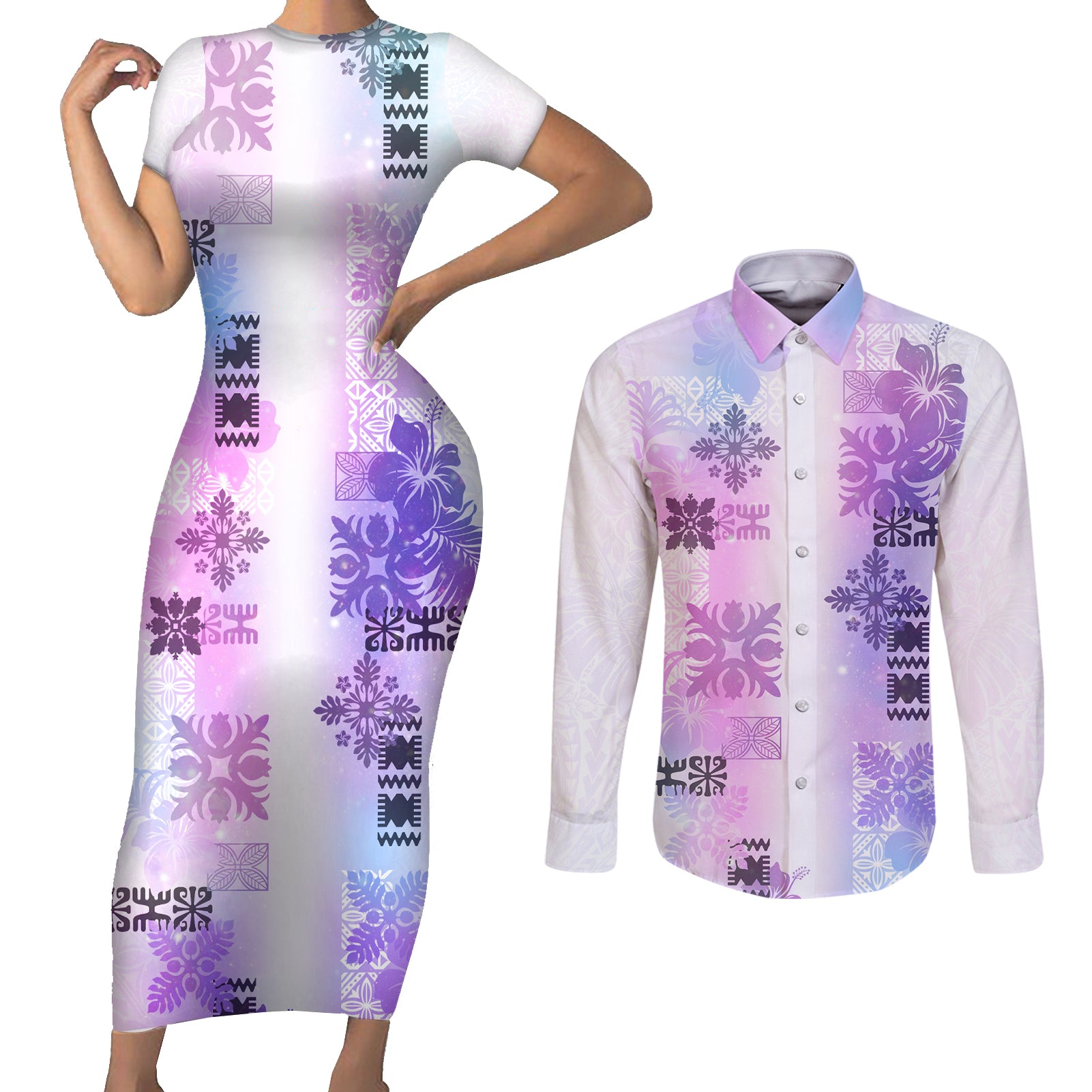 Hawaiian Quilt Couples Matching Short Sleeve Bodycon Dress and Long Sleeve Button Shirt Vintage Pattern Galaxy LT05 Galaxy - Polynesian Pride