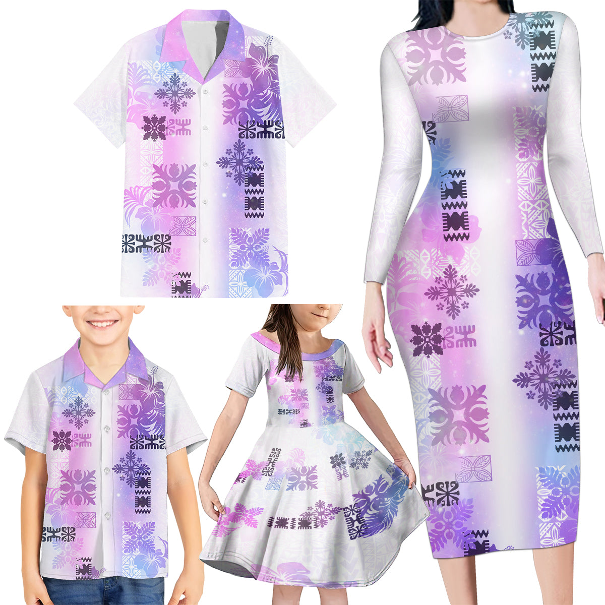 Hawaiian Quilt Family Matching Long Sleeve Bodycon Dress and Hawaiian Shirt Vintage Pattern Galaxy LT05 - Polynesian Pride