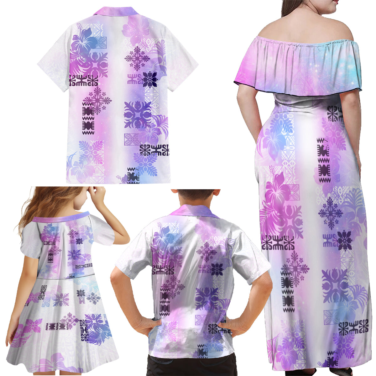 Hawaiian Quilt Family Matching Off Shoulder Maxi Dress and Hawaiian Shirt Vintage Pattern Galaxy LT05 - Polynesian Pride