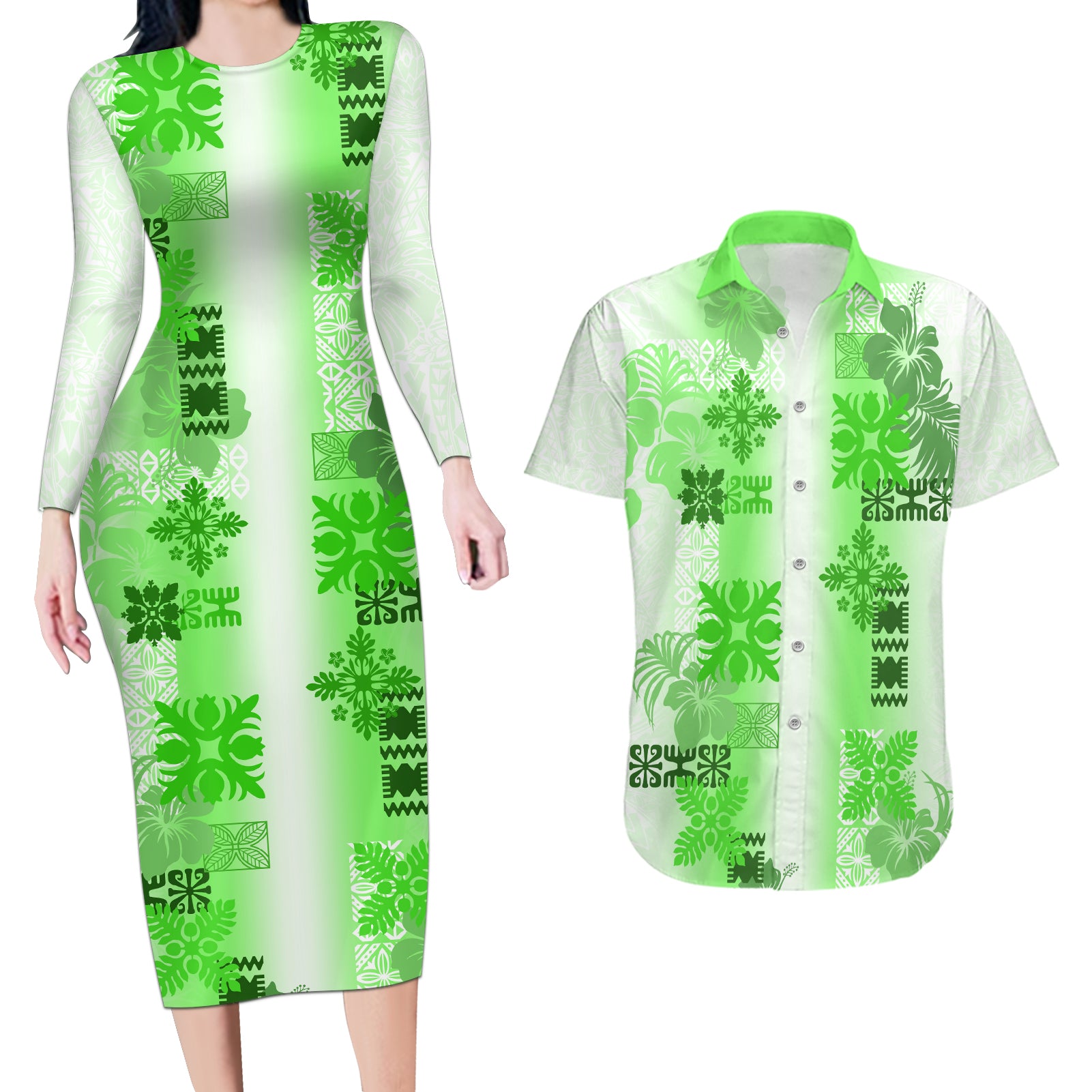 Hawaiian Quilt Couples Matching Long Sleeve Bodycon Dress and Hawaiian Shirt Vintage Pattern Green LT05 Green - Polynesian Pride