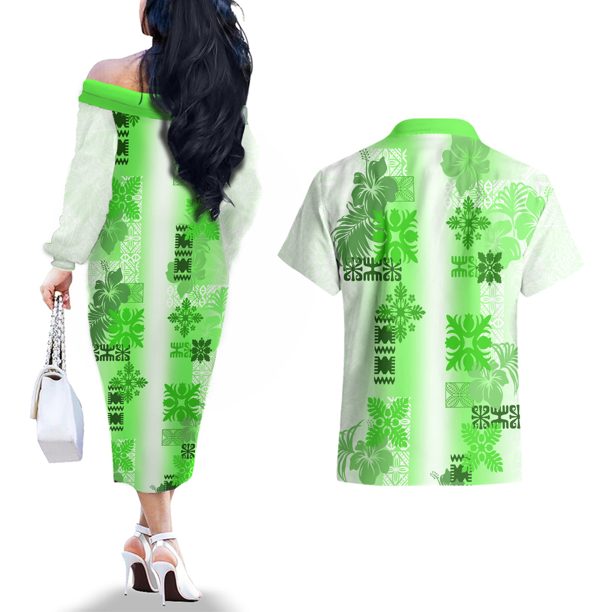 Hawaiian Quilt Couples Matching Off The Shoulder Long Sleeve Dress and Hawaiian Shirt Vintage Pattern Green LT05 - Polynesian Pride