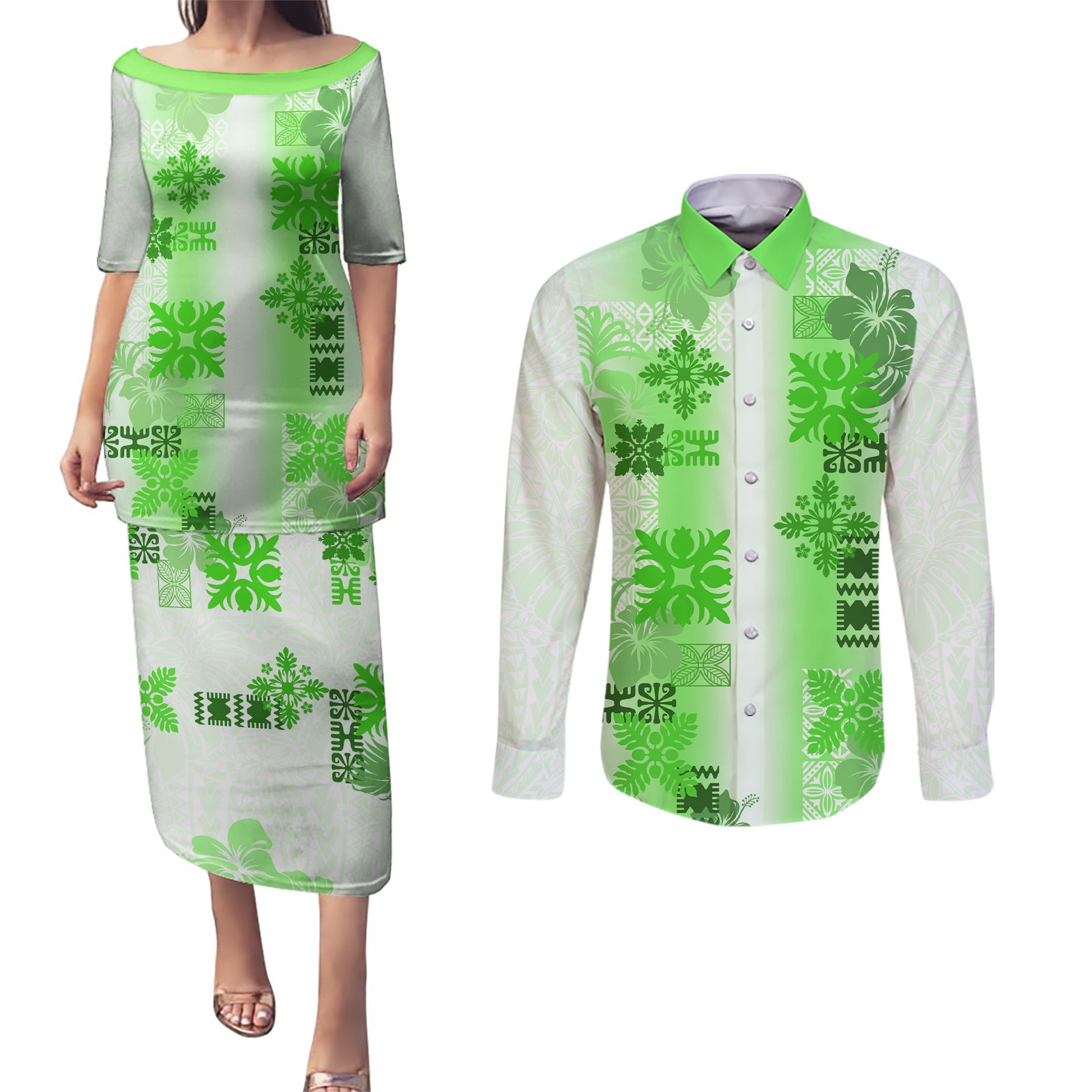 Hawaiian Quilt Couples Matching Puletasi Dress and Long Sleeve Button Shirt Vintage Pattern Green LT05 Green - Polynesian Pride