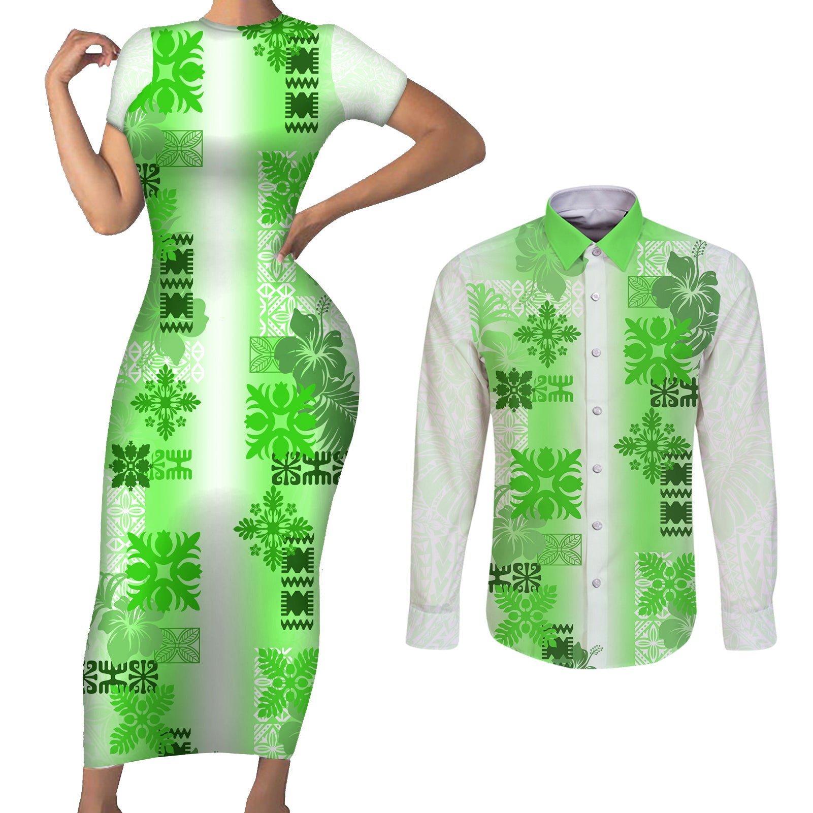 Hawaiian Quilt Couples Matching Short Sleeve Bodycon Dress and Long Sleeve Button Shirt Vintage Pattern Green LT05 Green - Polynesian Pride