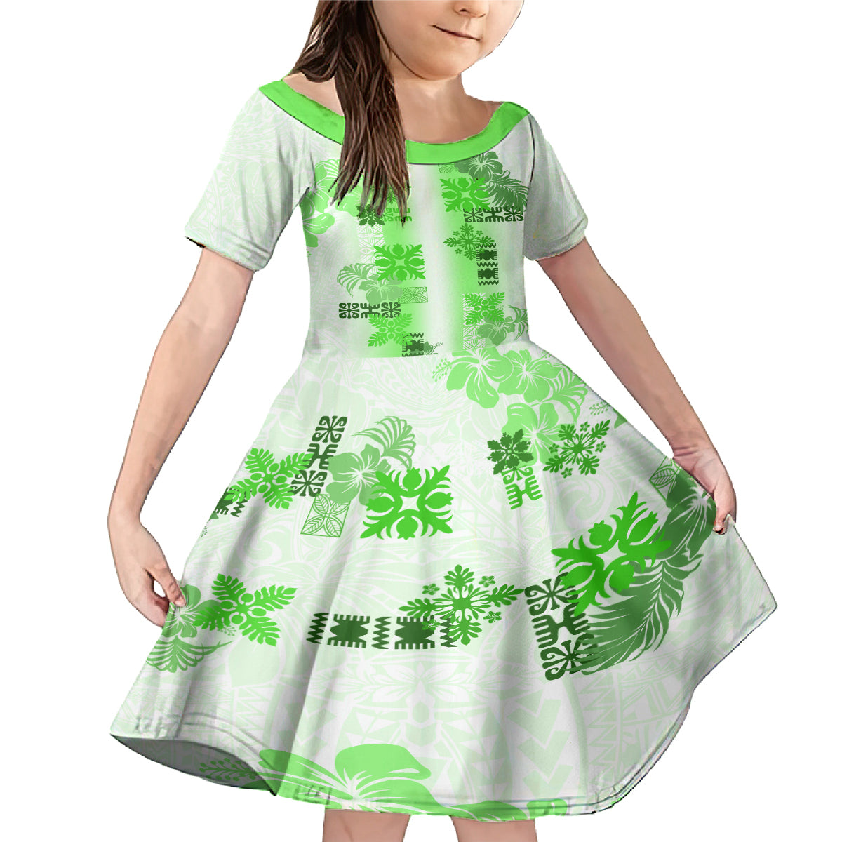 Hawaiian Quilt Family Matching Mermaid Dress and Hawaiian Shirt Vintage Pattern Green LT05 Daughter's Dress Green - Polynesian Pride