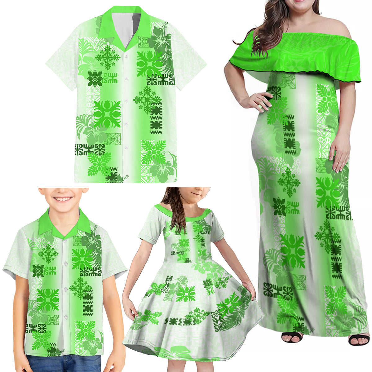 Hawaiian Quilt Family Matching Off Shoulder Maxi Dress and Hawaiian Shirt Vintage Pattern Green LT05 - Polynesian Pride