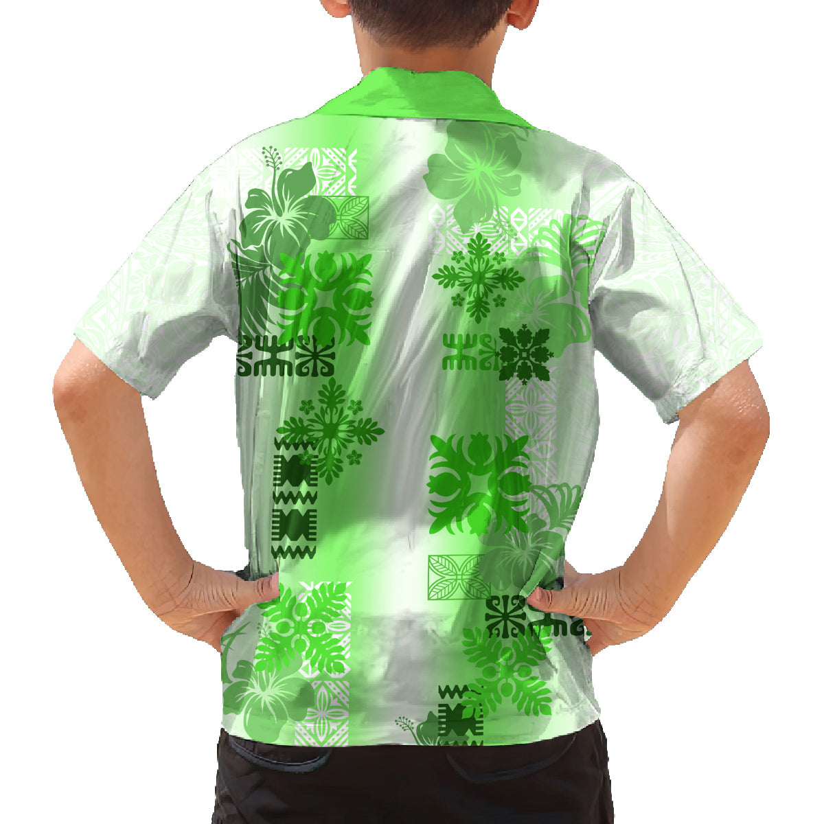 Hawaiian Quilt Family Matching Off Shoulder Short Dress and Hawaiian Shirt Vintage Pattern Green LT05 - Polynesian Pride