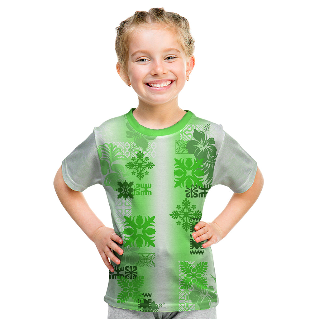 Hawaiian Quilt Kid T Shirt Vintage Pattern Green LT05 Green - Polynesian Pride