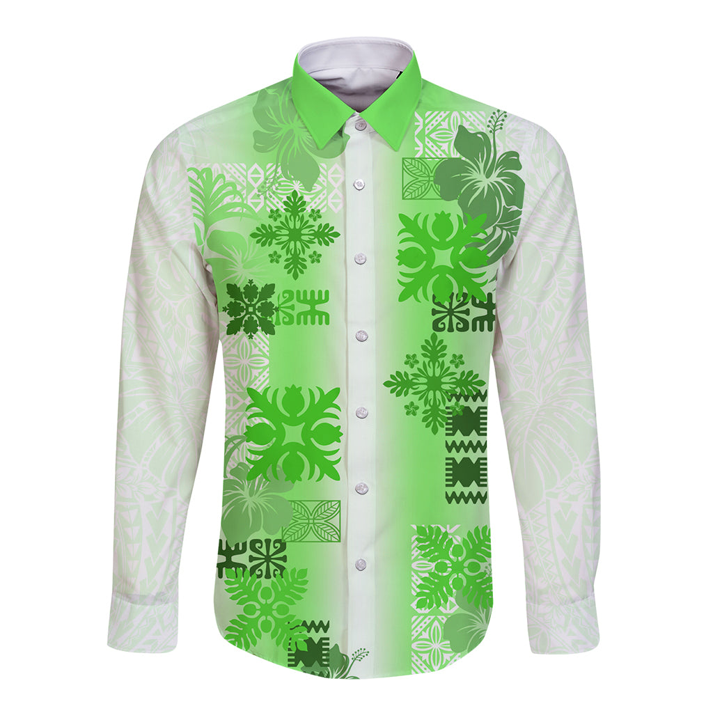 Hawaiian Quilt Long Sleeve Button Shirt Vintage Pattern Green LT05 Unisex Green - Polynesian Pride