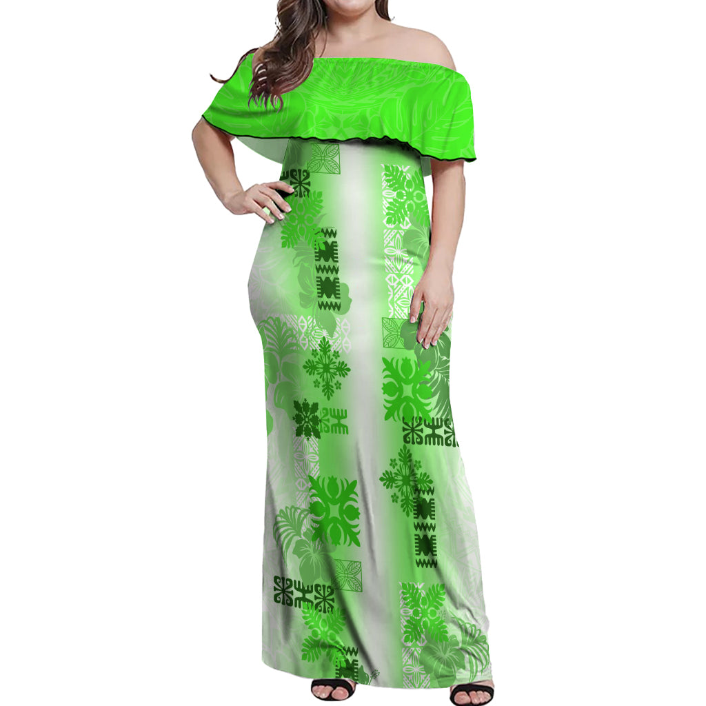 Hawaiian Quilt Off Shoulder Maxi Dress Vintage Pattern Green LT05 Women Green - Polynesian Pride