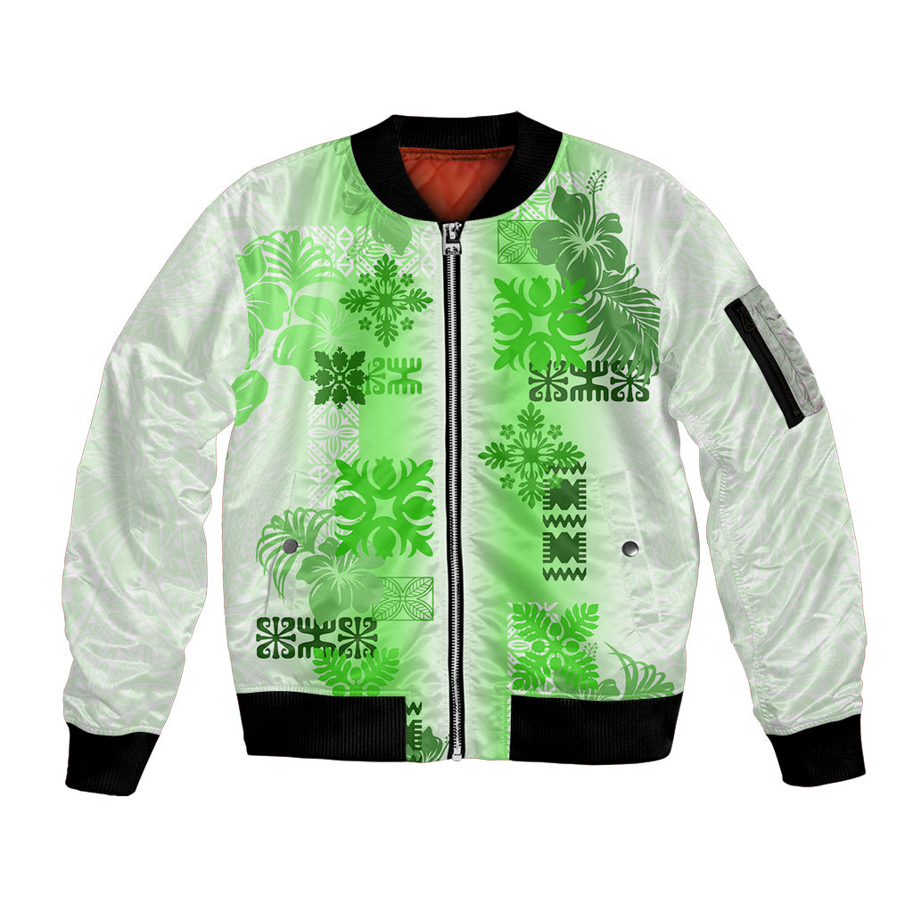 Hawaiian Quilt Sleeve Zip Bomber Jacket Vintage Pattern Green LT05 Unisex Green - Polynesian Pride