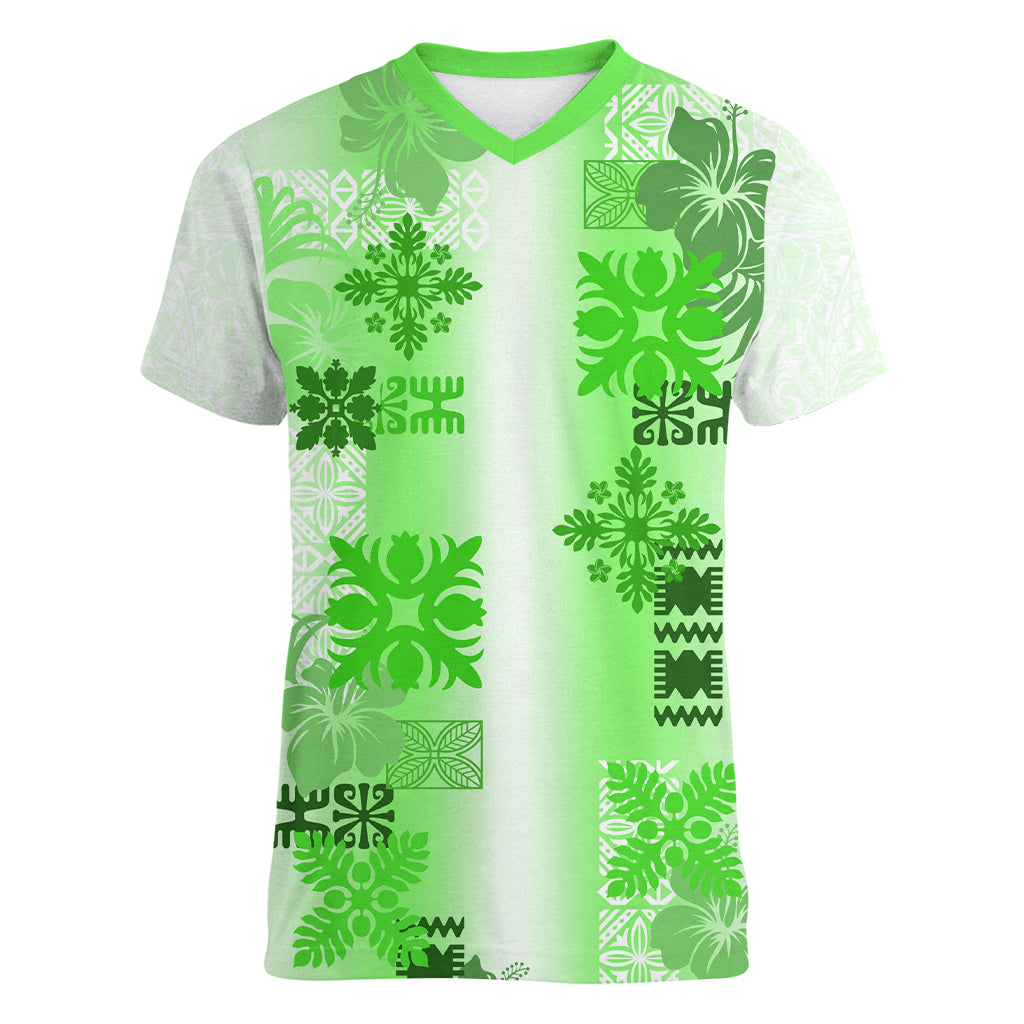 Hawaiian Quilt Women V Neck T Shirt Vintage Pattern Green LT05 Female Green - Polynesian Pride