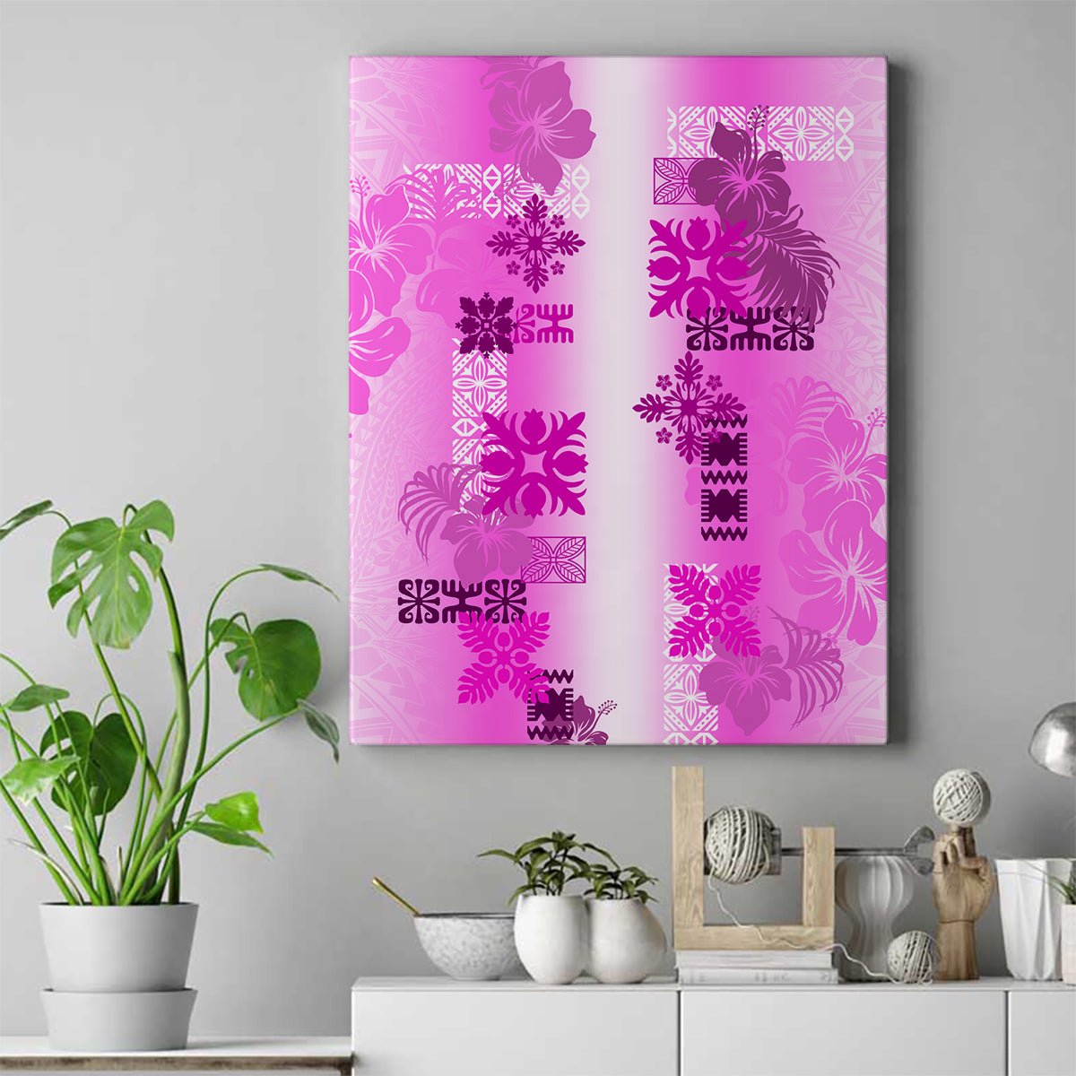 Hawaiian Quilt Canvas Wall Art Vintage Pattern Pink LT05 Pink - Polynesian Pride