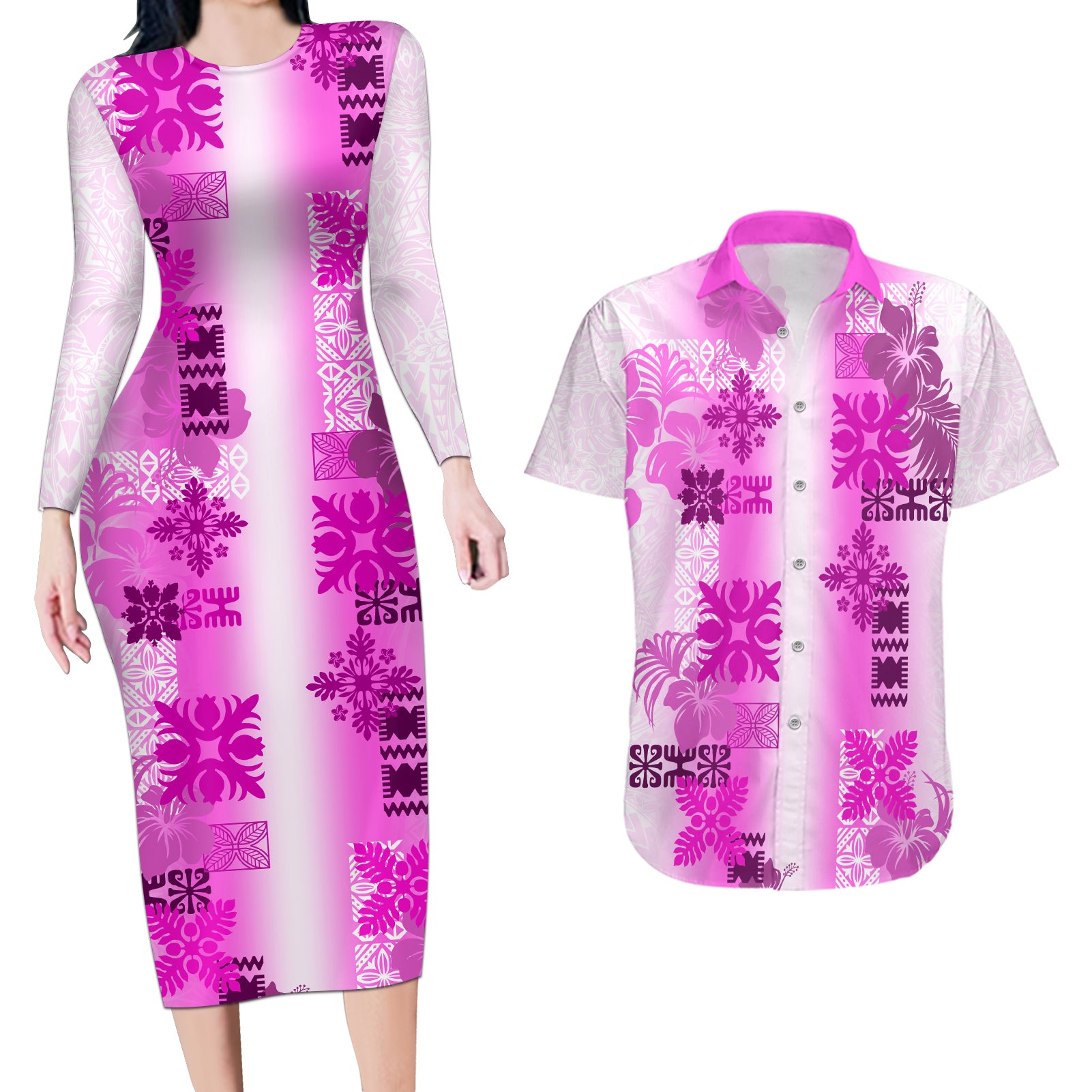 Hawaiian Quilt Couples Matching Long Sleeve Bodycon Dress and Hawaiian Shirt Vintage Pattern Pink LT05 Pink - Polynesian Pride