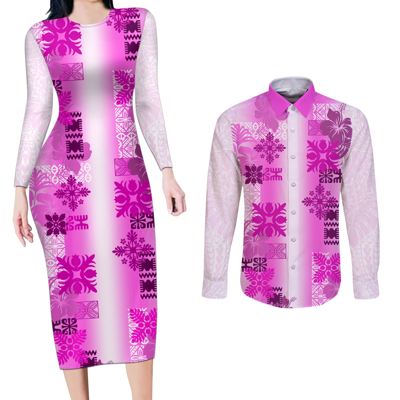 Hawaiian Quilt Couples Matching Long Sleeve Bodycon Dress and Long Sleeve Button Shirt Vintage Pattern Pink LT05 Pink - Polynesian Pride