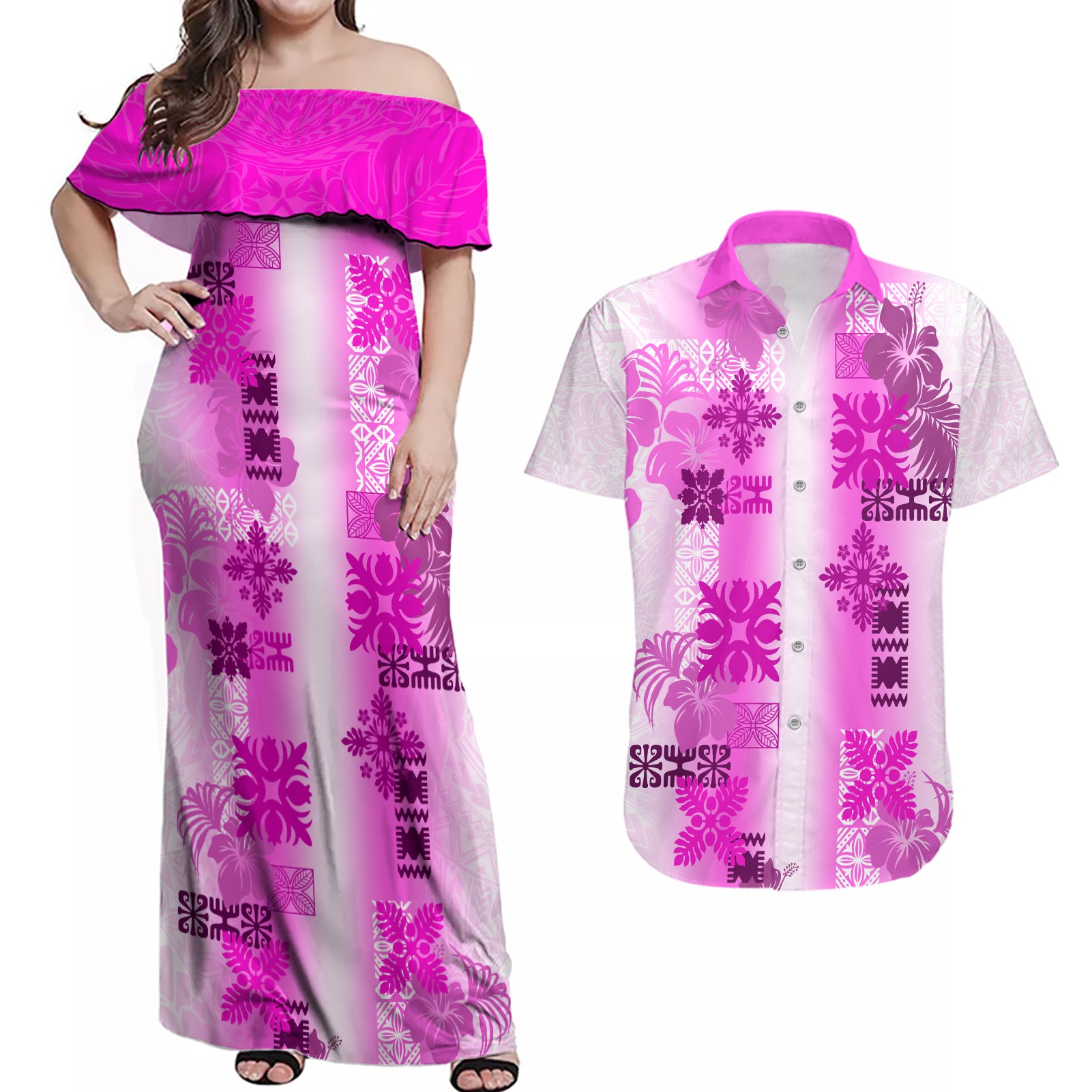 Hawaiian Quilt Couples Matching Off Shoulder Maxi Dress and Hawaiian Shirt Vintage Pattern Pink LT05 Pink - Polynesian Pride