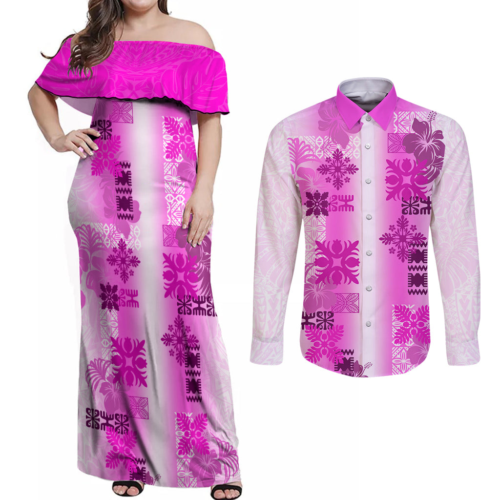 Hawaiian Quilt Couples Matching Off Shoulder Maxi Dress and Long Sleeve Button Shirt Vintage Pattern Pink LT05 Pink - Polynesian Pride