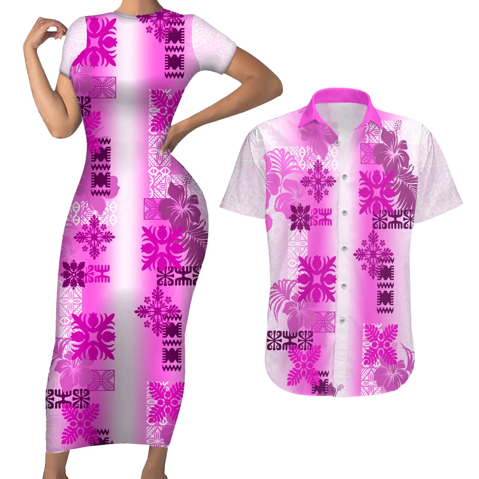 Hawaiian Quilt Couples Matching Short Sleeve Bodycon Dress and Hawaiian Shirt Vintage Pattern Pink LT05 Pink - Polynesian Pride