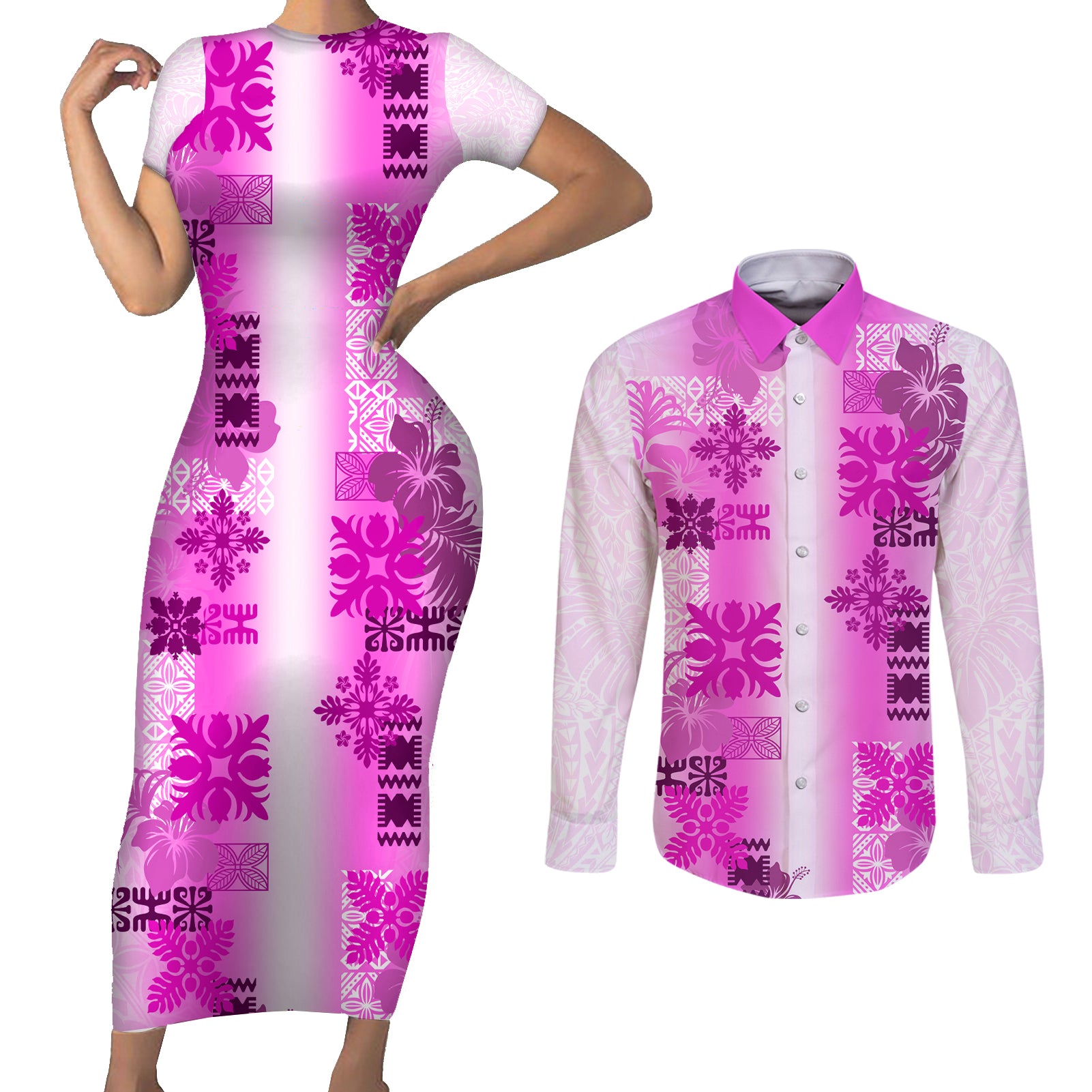 Hawaiian Quilt Couples Matching Short Sleeve Bodycon Dress and Long Sleeve Button Shirt Vintage Pattern Pink LT05 Pink - Polynesian Pride