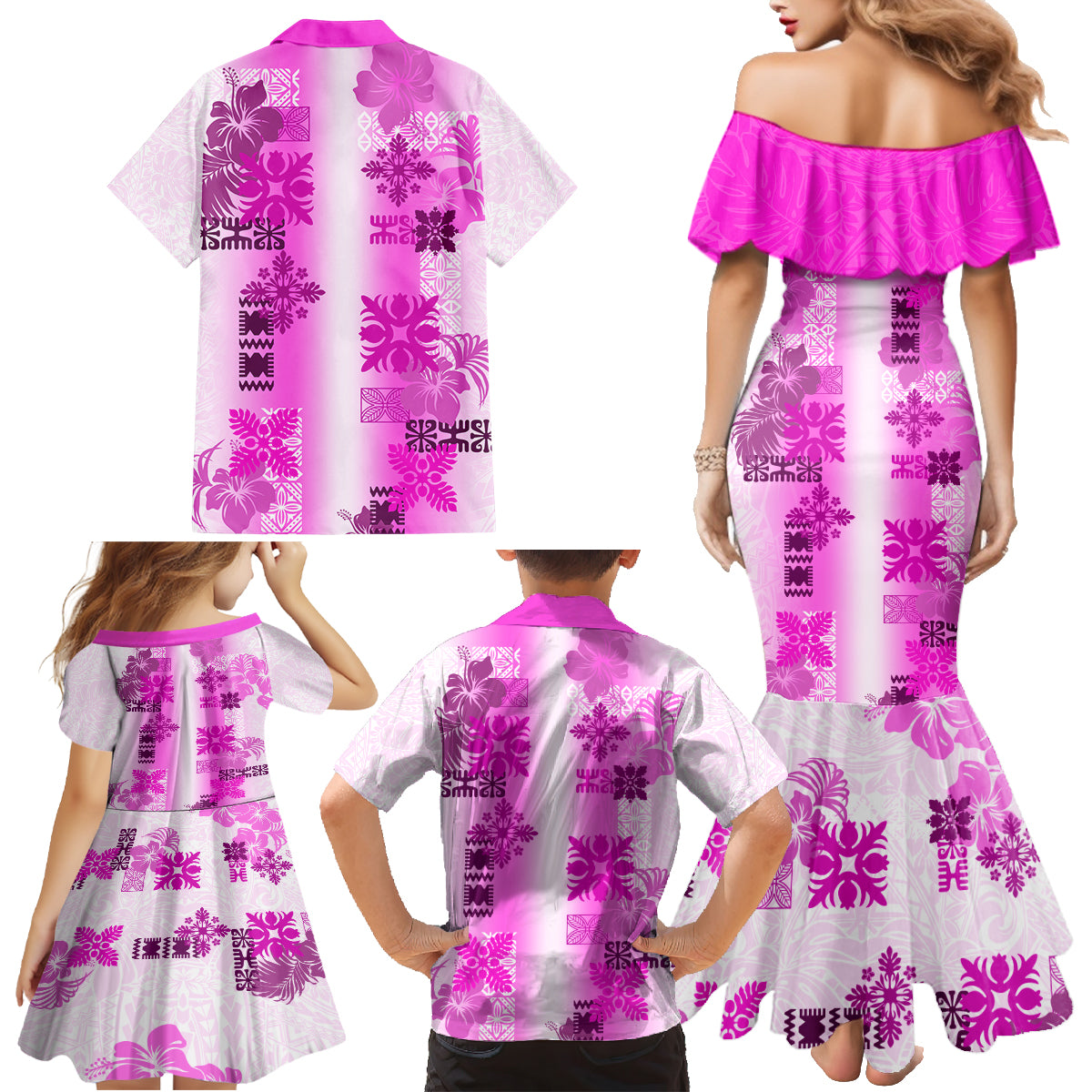 Hawaiian Quilt Family Matching Mermaid Dress and Hawaiian Shirt Vintage Pattern Pink LT05 - Polynesian Pride