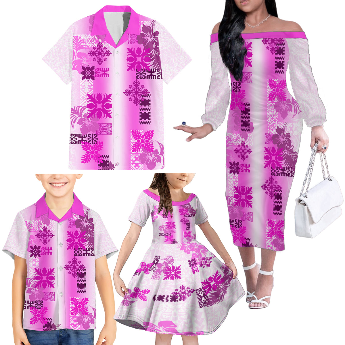 Hawaiian Quilt Family Matching Off Shoulder Long Sleeve Dress and Hawaiian Shirt Vintage Pattern Pink LT05 - Polynesian Pride