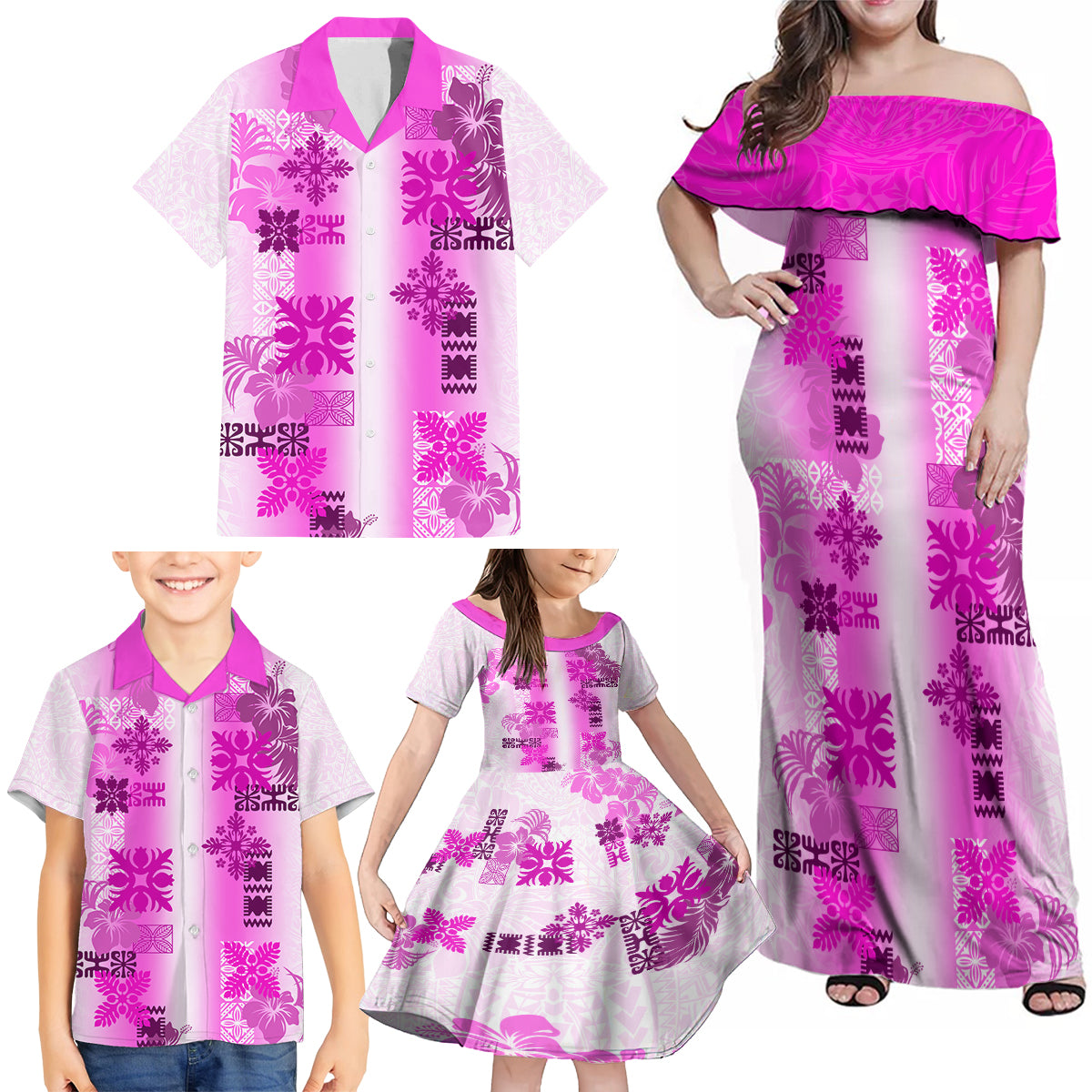 Hawaiian Quilt Family Matching Off Shoulder Maxi Dress and Hawaiian Shirt Vintage Pattern Pink LT05 - Polynesian Pride