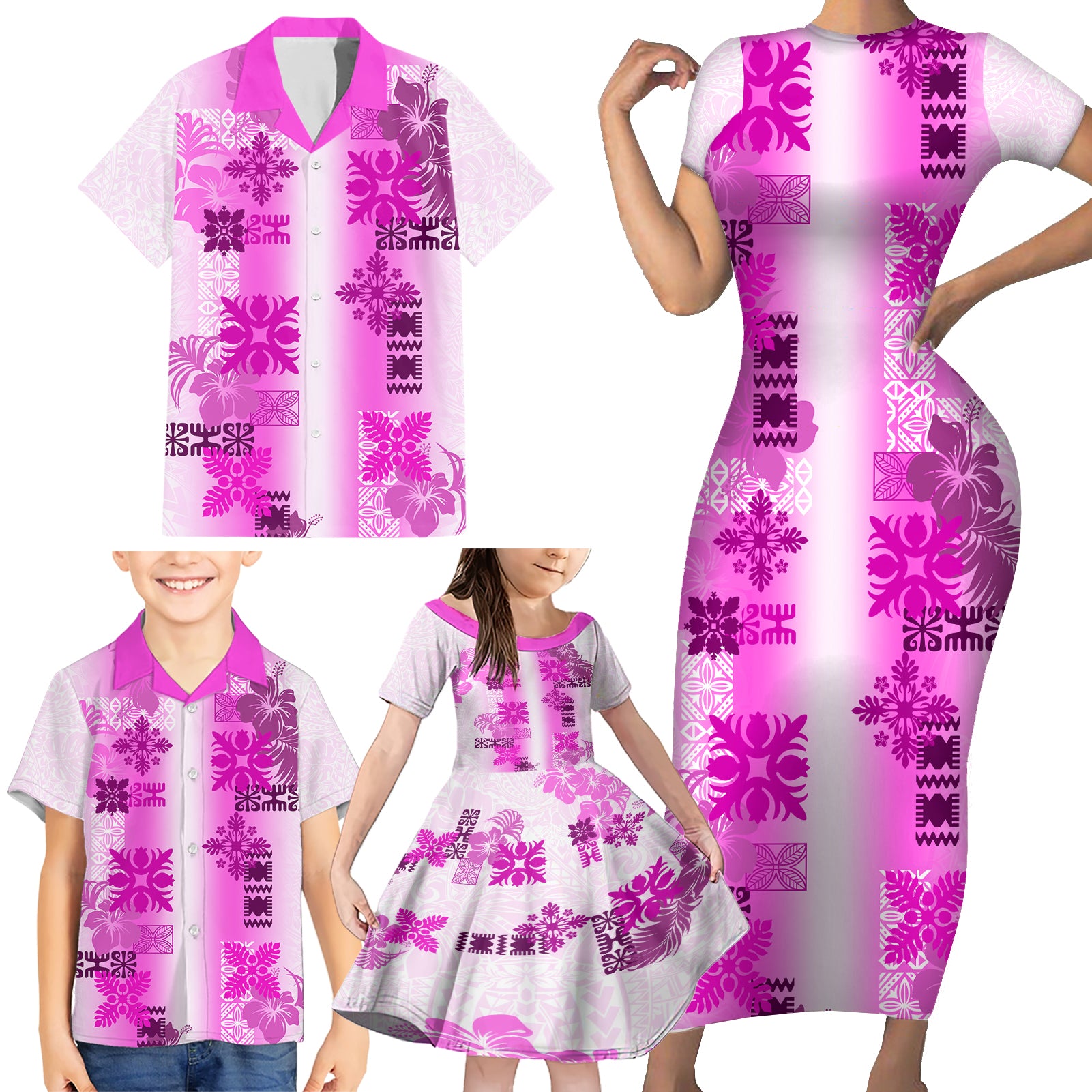 Hawaiian Quilt Family Matching Short Sleeve Bodycon Dress and Hawaiian Shirt Vintage Pattern Pink LT05 - Polynesian Pride