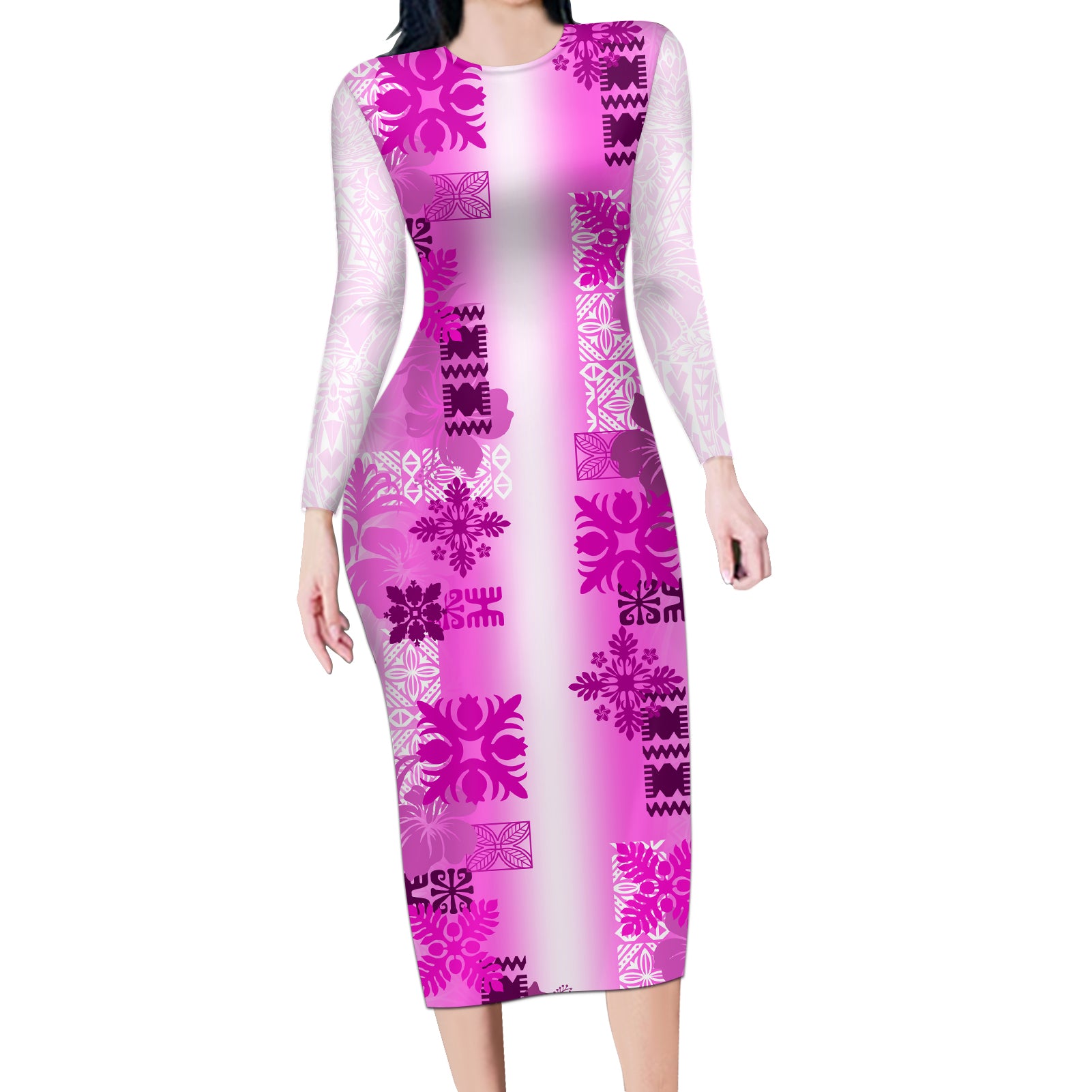 Hawaiian Quilt Long Sleeve Bodycon Dress Vintage Pattern Pink LT05 Long Dress Pink - Polynesian Pride