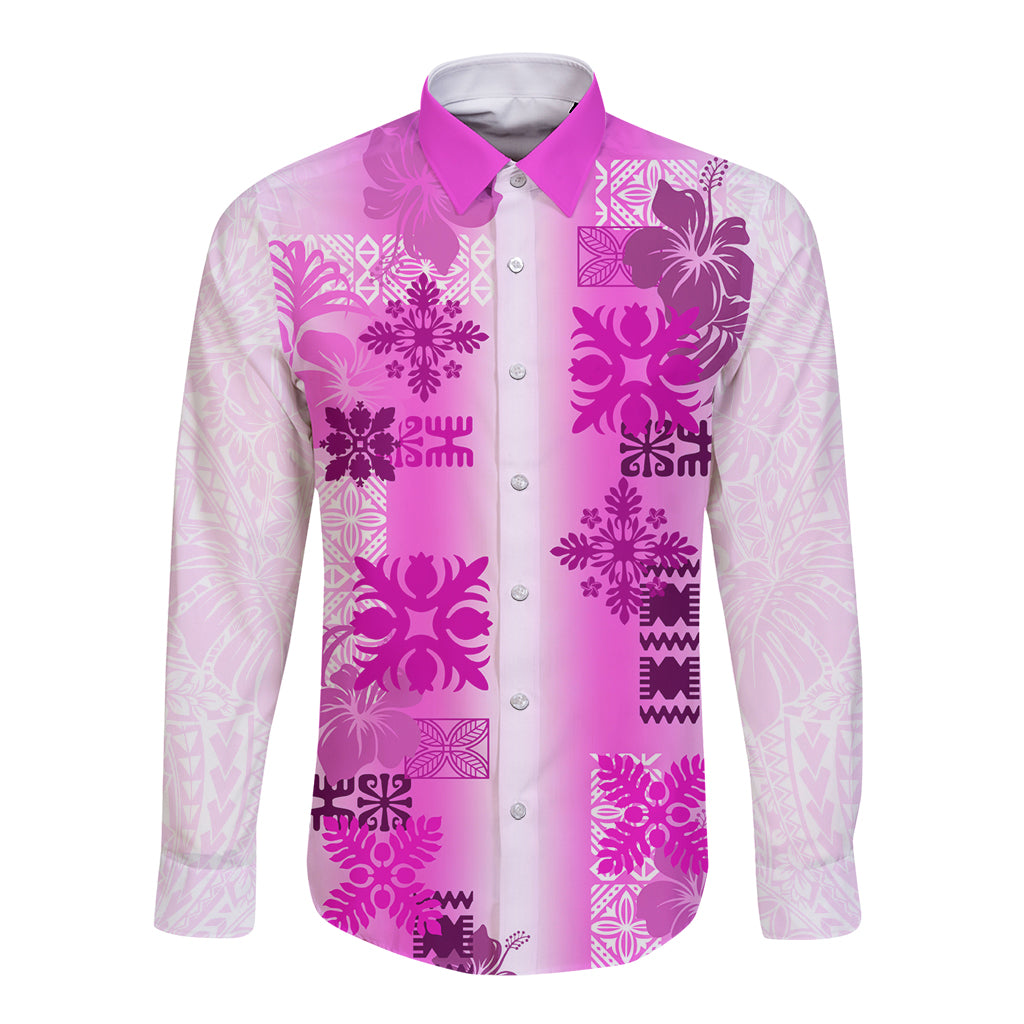 Hawaiian Quilt Long Sleeve Button Shirt Vintage Pattern Pink LT05 Unisex Pink - Polynesian Pride