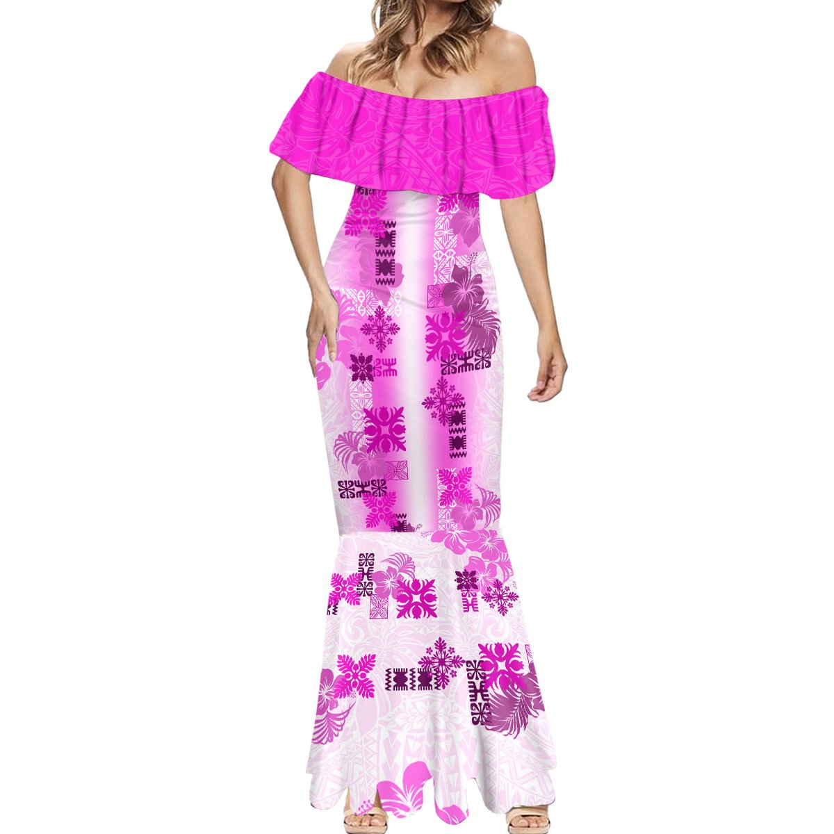 Hawaiian Quilt Mermaid Dress - Vintage Pattern Pink LT05 - Polynesian Pride