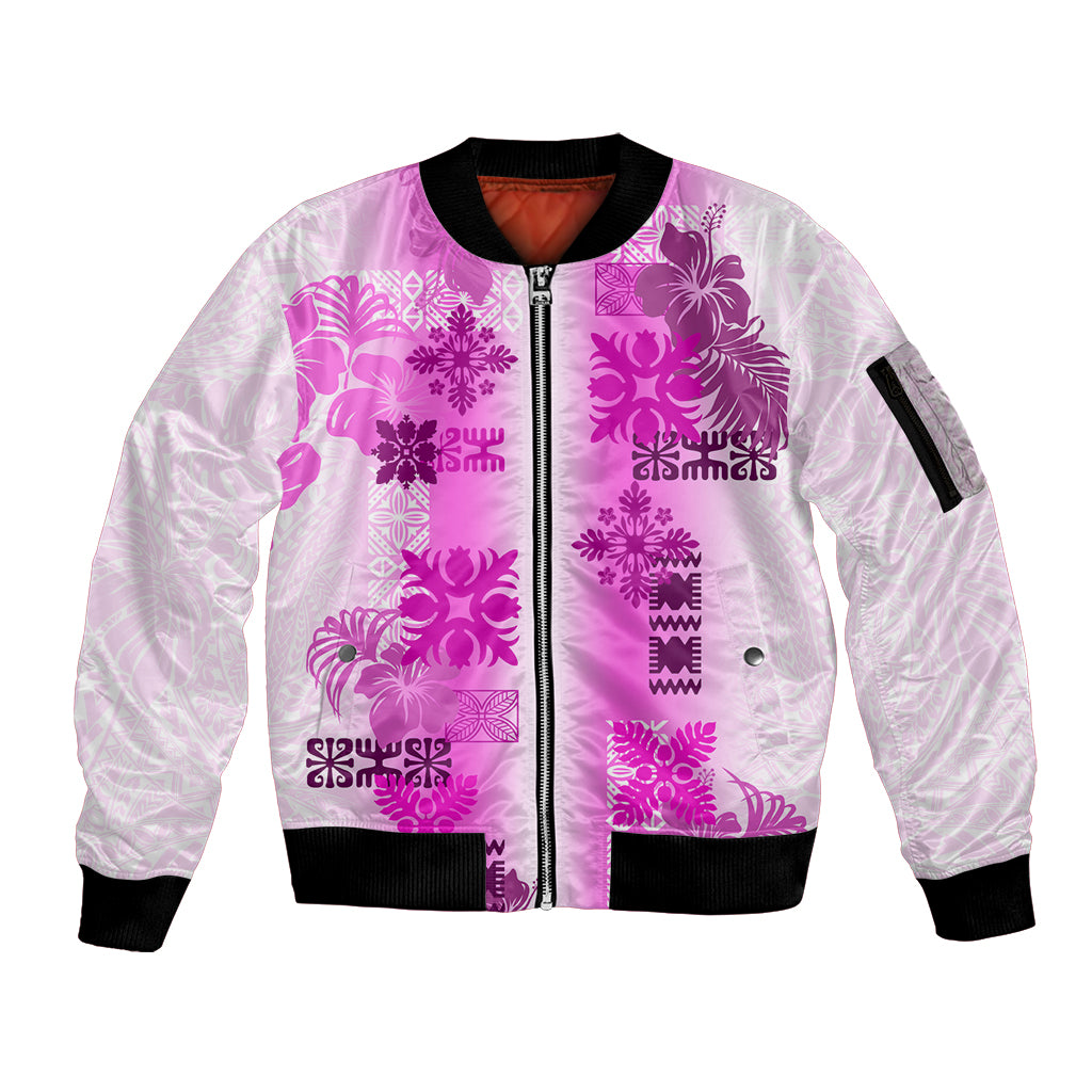 Hawaiian Quilt Sleeve Zip Bomber Jacket Vintage Pattern Pink LT05 Unisex Pink - Polynesian Pride