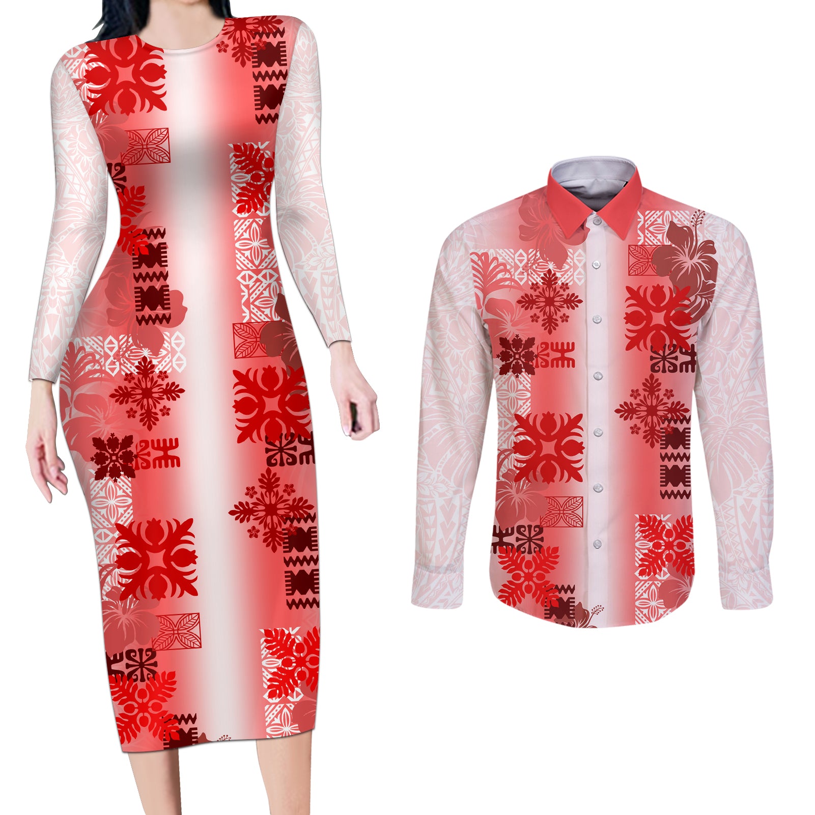 Hawaiian Quilt Couples Matching Long Sleeve Bodycon Dress and Long Sleeve Button Shirt Vintage Pattern Red LT05 Red - Polynesian Pride