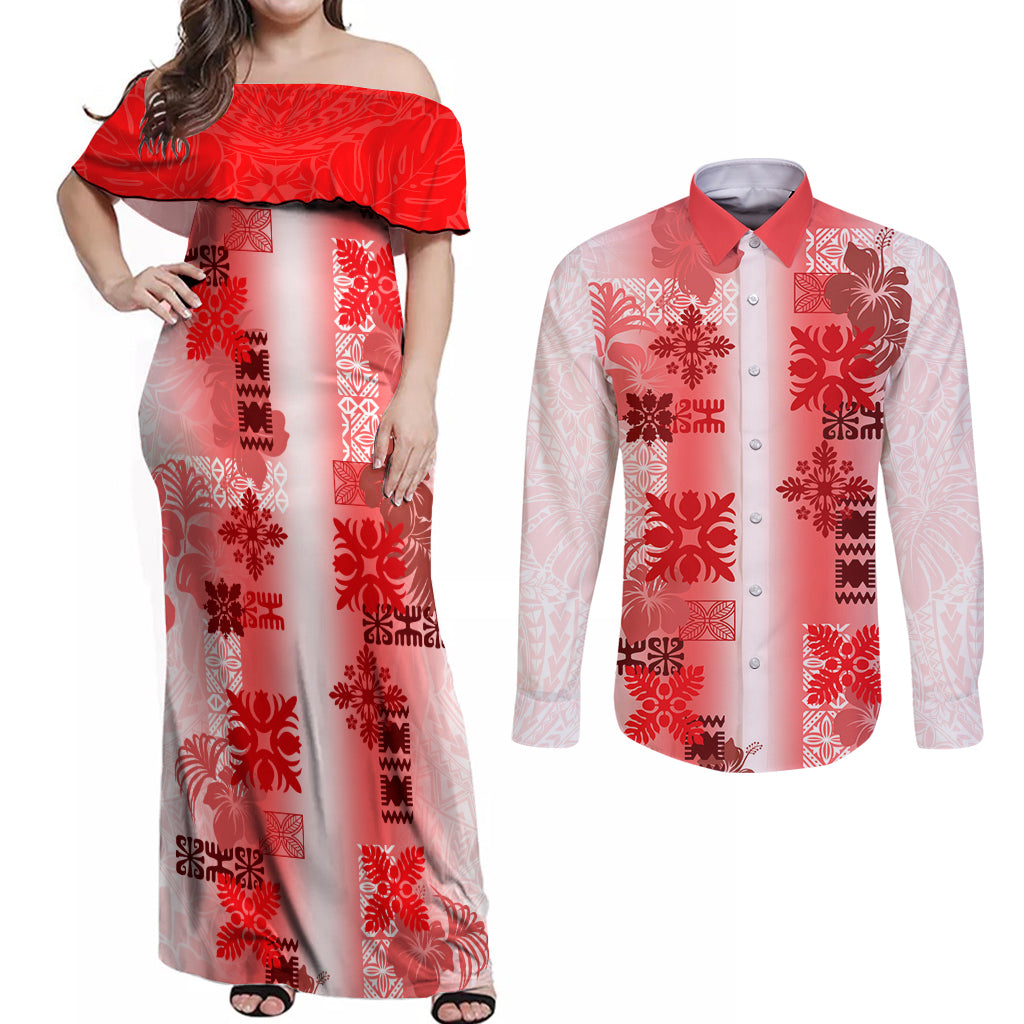 Hawaiian Quilt Couples Matching Off Shoulder Maxi Dress and Long Sleeve Button Shirt Vintage Pattern Red LT05 Red - Polynesian Pride