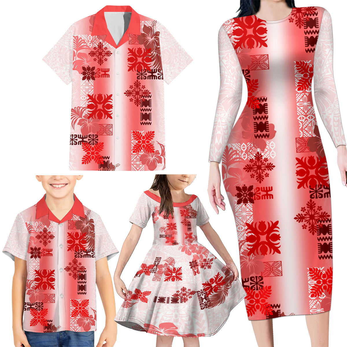 Hawaiian Quilt Family Matching Long Sleeve Bodycon Dress and Hawaiian Shirt Vintage Pattern Red LT05 - Polynesian Pride